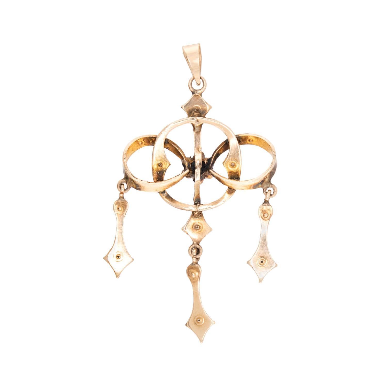 Old Mine Cut Edwardian 14k Diamond and Pearl Lavalier Pendant For Sale