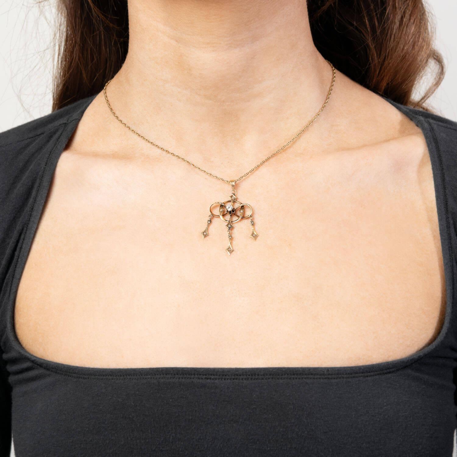 Edwardian 14k Diamond and Pearl Lavalier Pendant In Good Condition For Sale In Narberth, PA