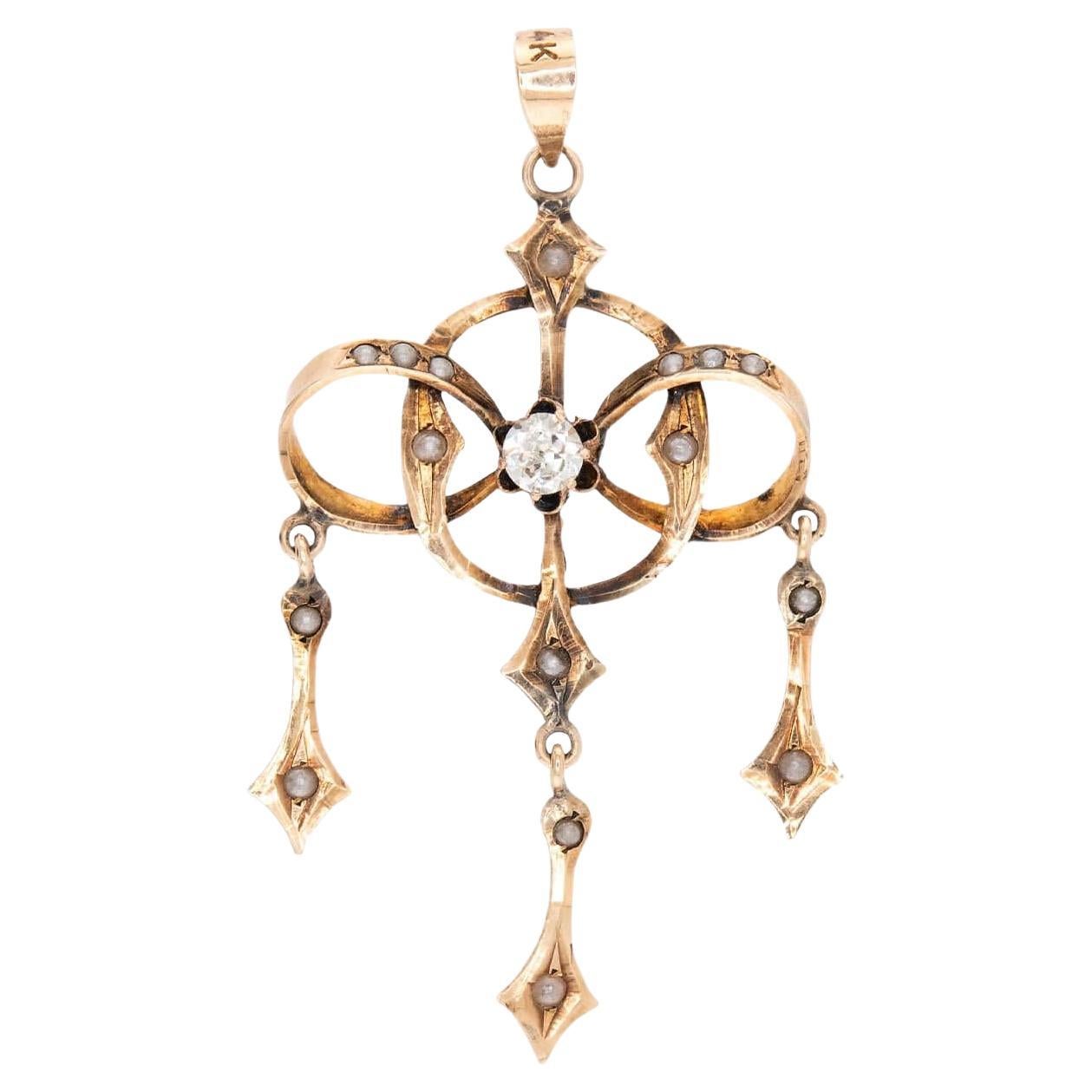 Edwardian 14k Diamond and Pearl Lavalier Pendant For Sale