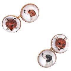 Boutons de manchette édouardiens en cristal d'Essex 14k Chien de chasse et renard