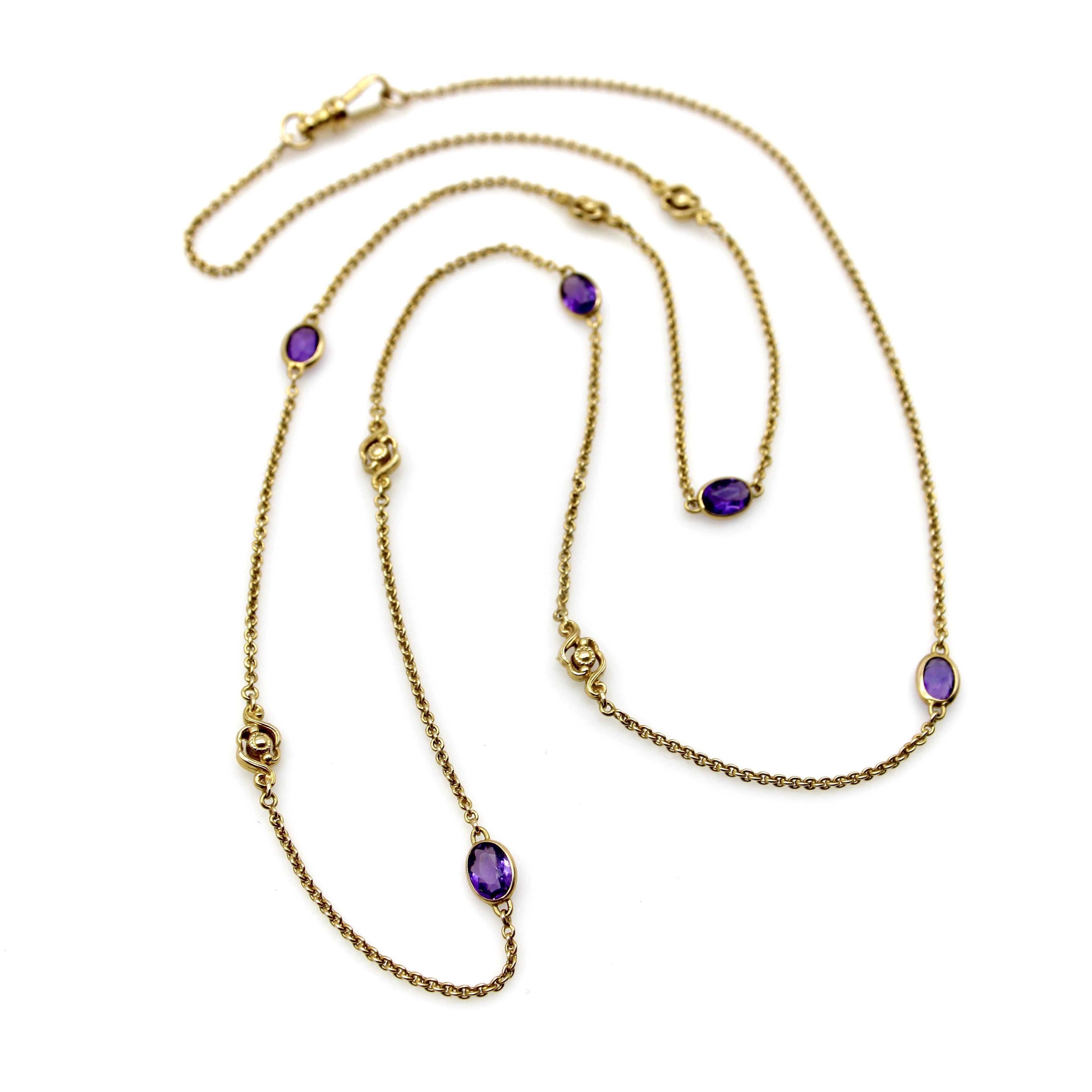 Oval Cut Edwardian 14K Gold Amethyst and Floral Station Chain For Sale