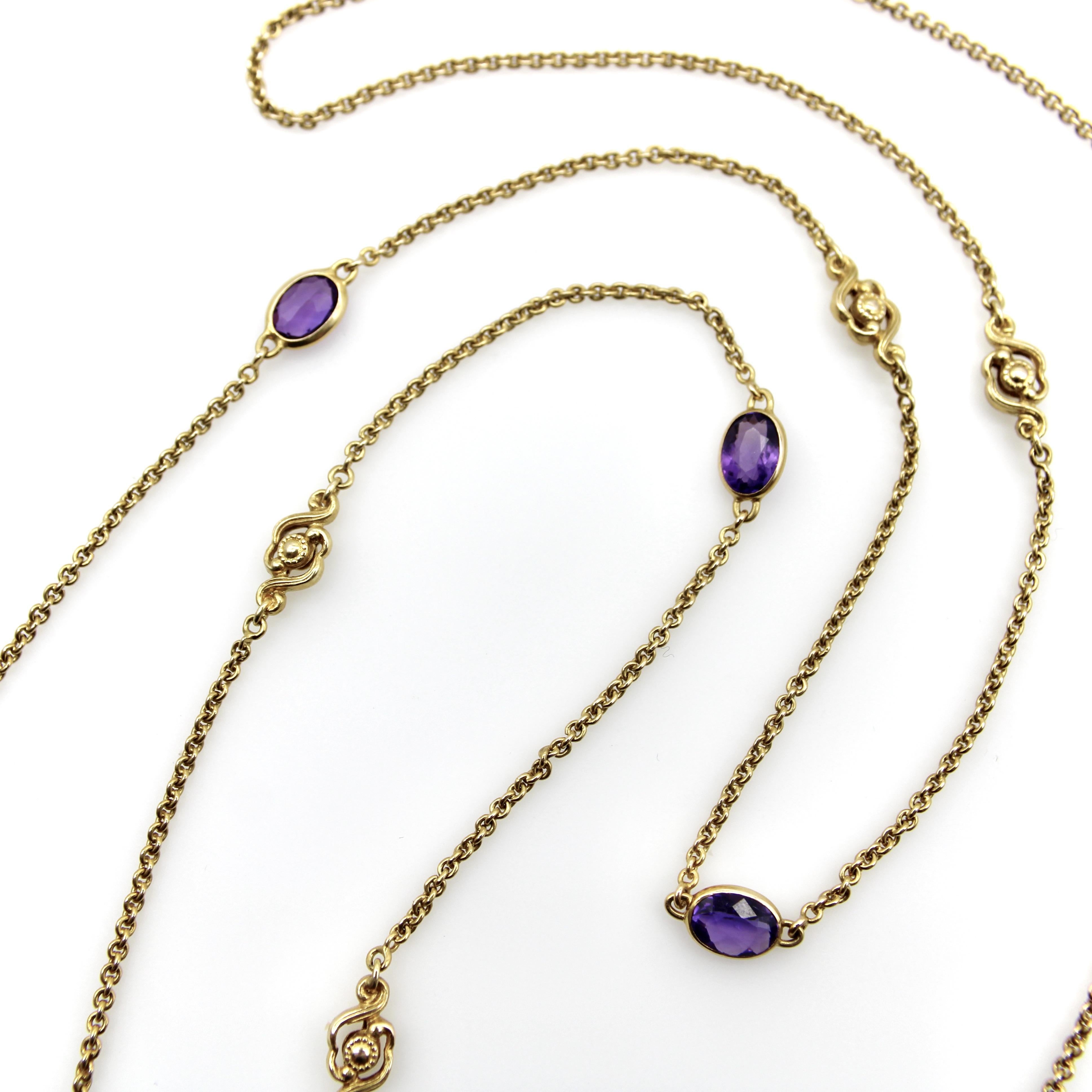 Edwardian 14K Gold Amethyst and Floral Station Chain In Good Condition For Sale In Venice, CA
