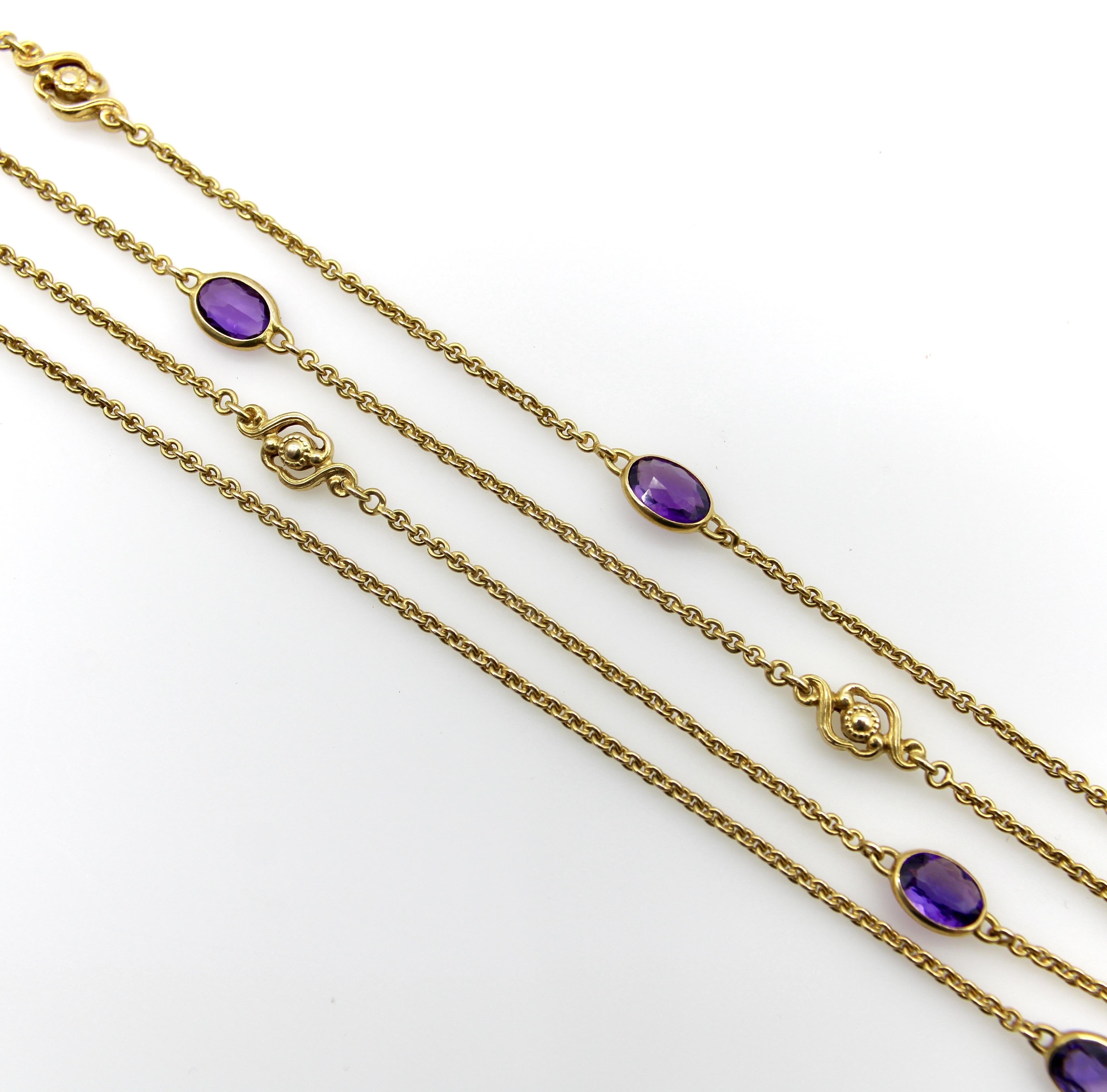 Women's or Men's Edwardian 14K Gold Amethyst and Floral Station Chain For Sale