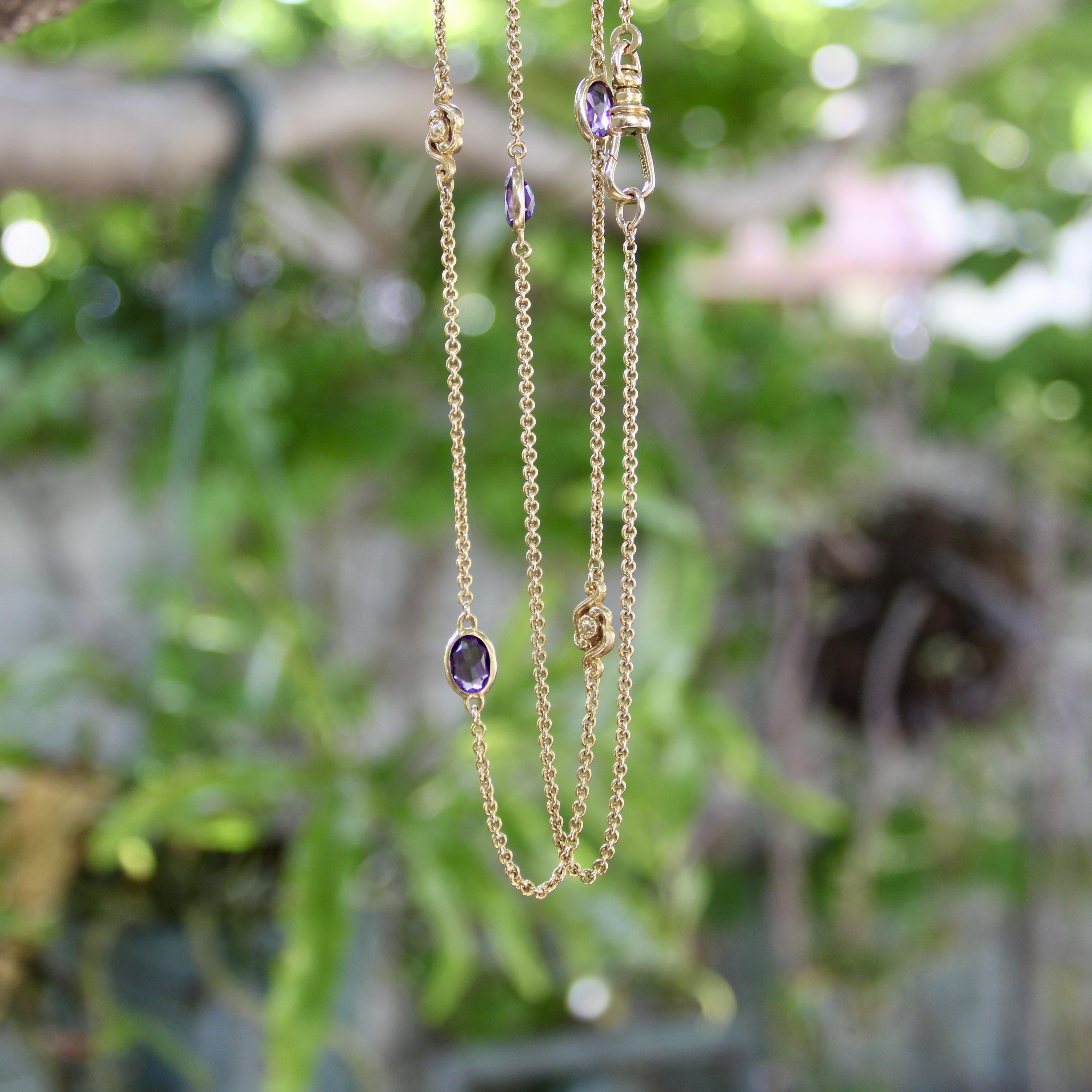 Edwardian 14K Gold Amethyst and Floral Station Chain For Sale 1