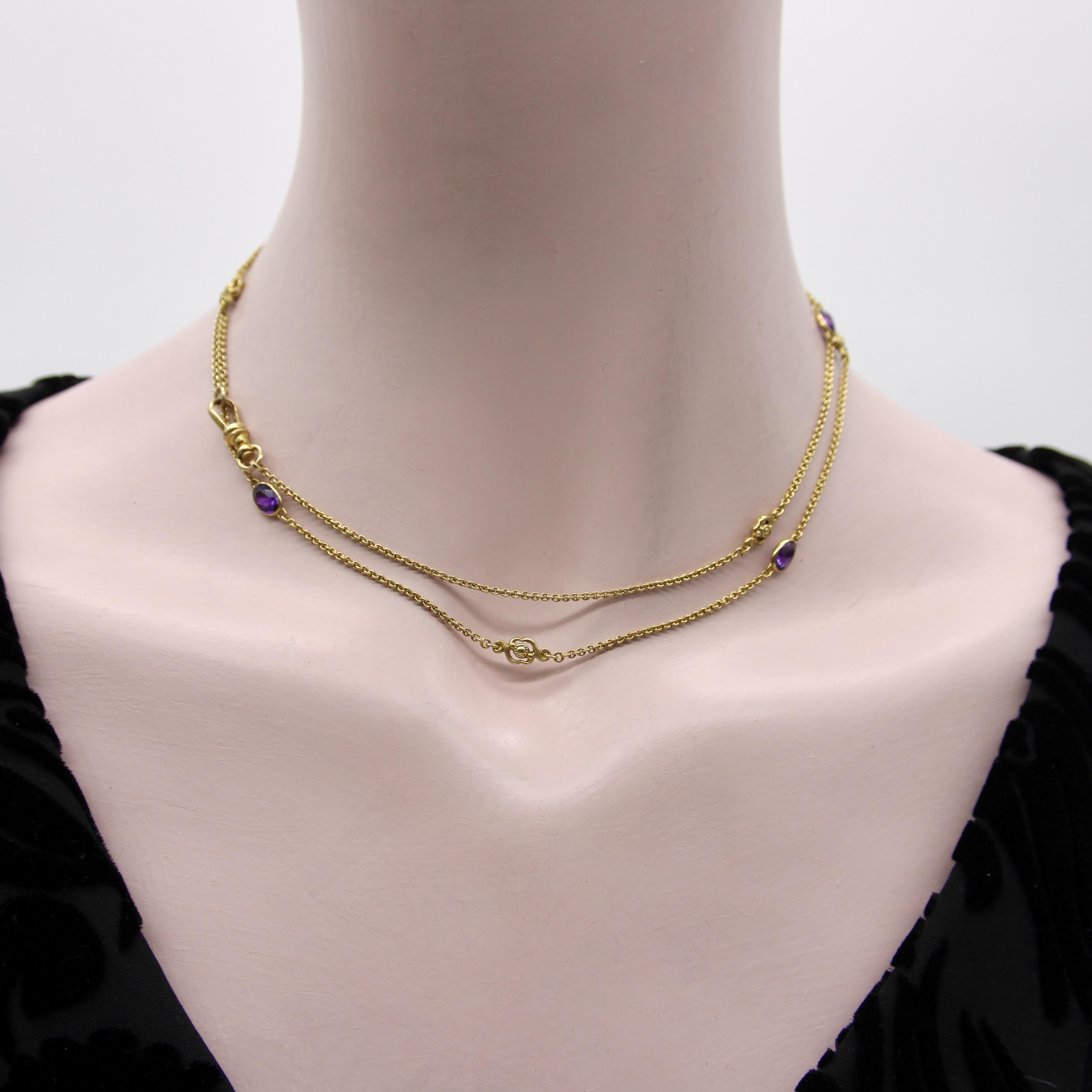Edwardian 14K Gold Amethyst and Floral Station Chain For Sale 2