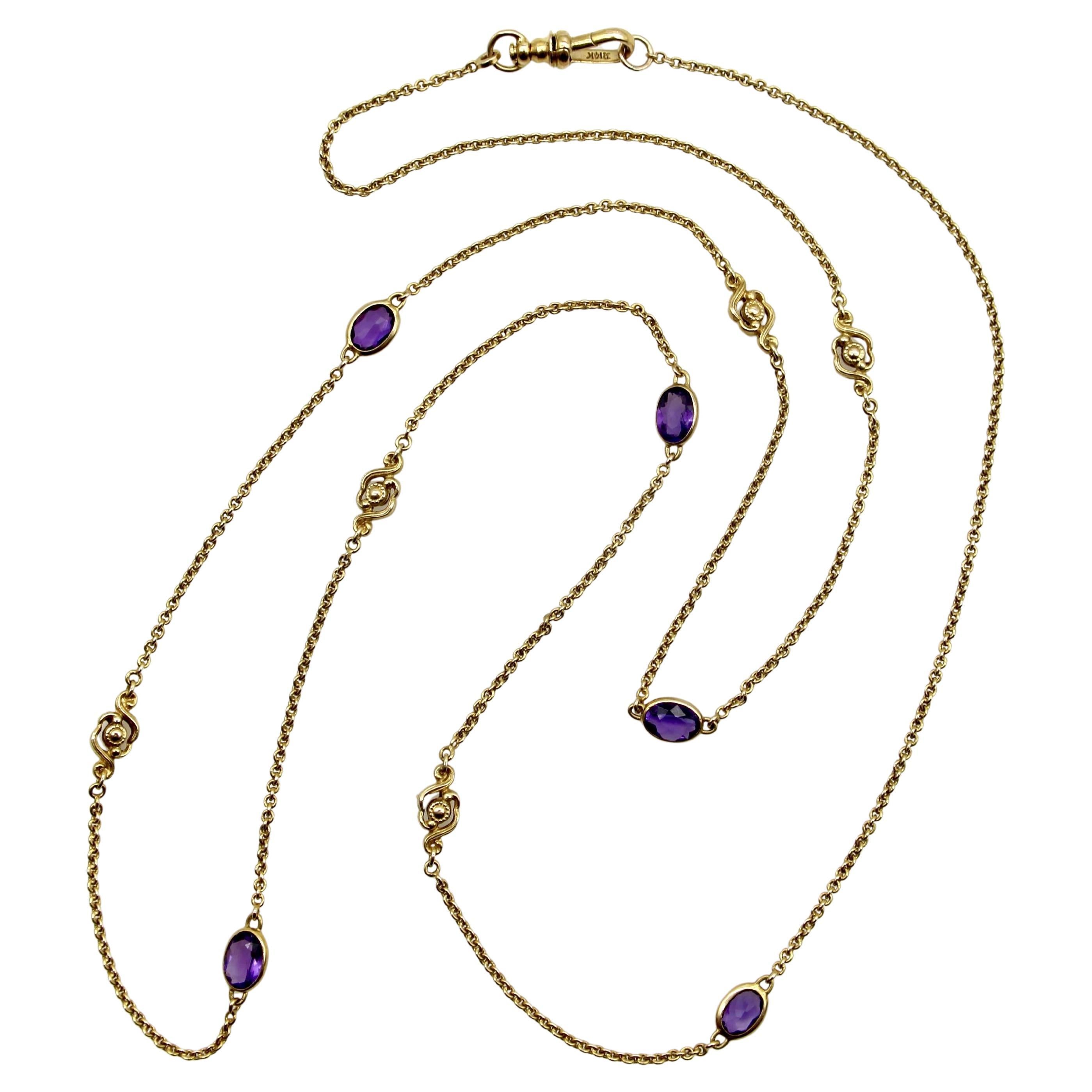 Edwardian 14K Gold Amethyst and Floral Station Chain