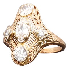 Edwardian 14K Gold and 0.94 TCW Marquise Cut Diamond Filigree Engagement Ring