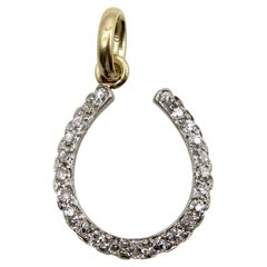 Pendentif fer à cheval édouardien en or 14K et platine avec diamant taillé à l'ancienne