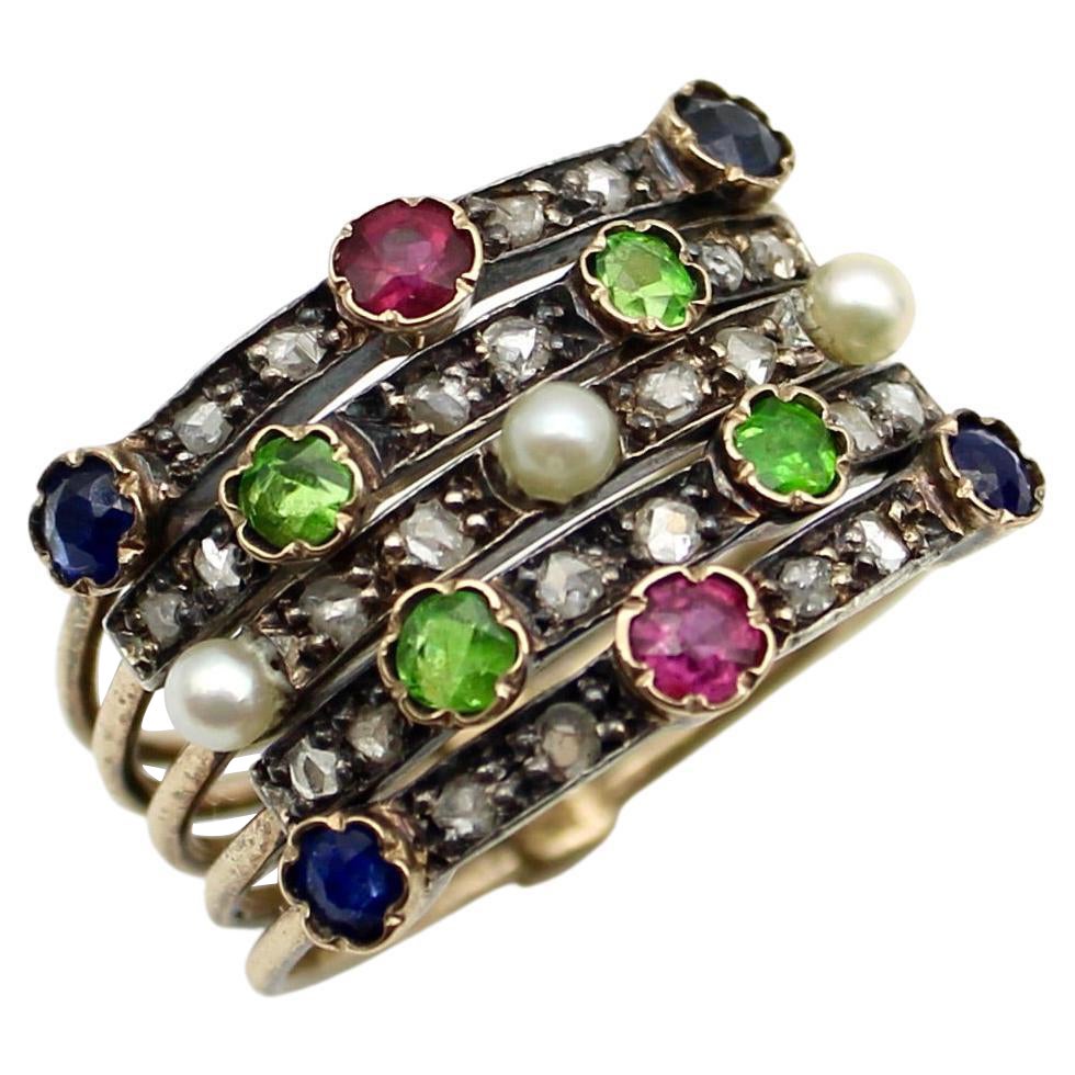 Edwardian 14K Gold Diamond, Ruby, Sapphire, Garnet, Pearl Harem Ring