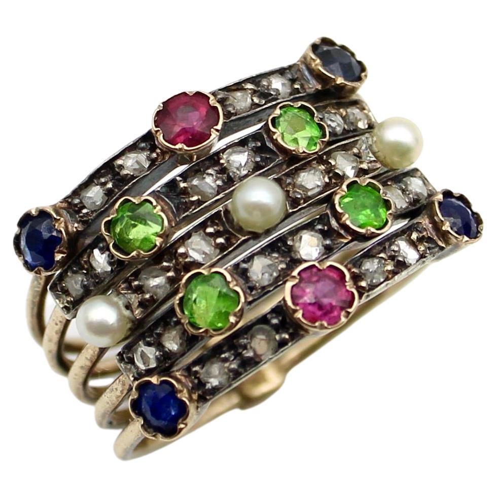 Edwardian 14K Gold Diamond, Ruby, Sapphire, Garnet, Pearl Harem Ring  For Sale