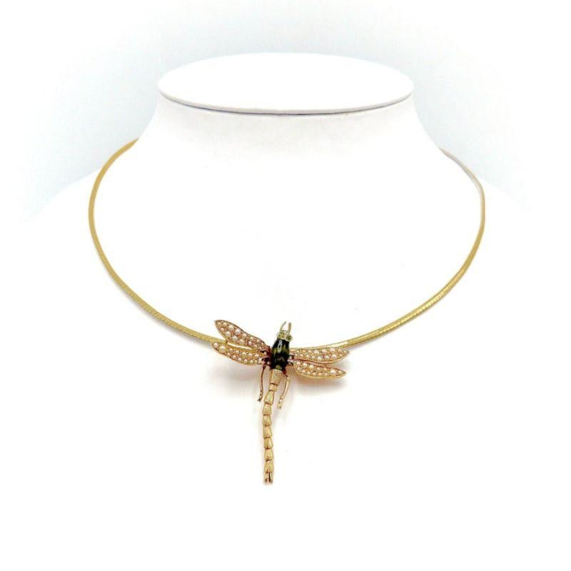 Edwardian 14K Gold Dragonfly Pendant with Demantoid Garnet & Pearls In Good Condition In Venice, CA