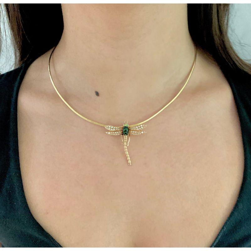 Women's or Men's Edwardian 14K Gold Dragonfly Pendant with Demantoid Garnet & Pearls