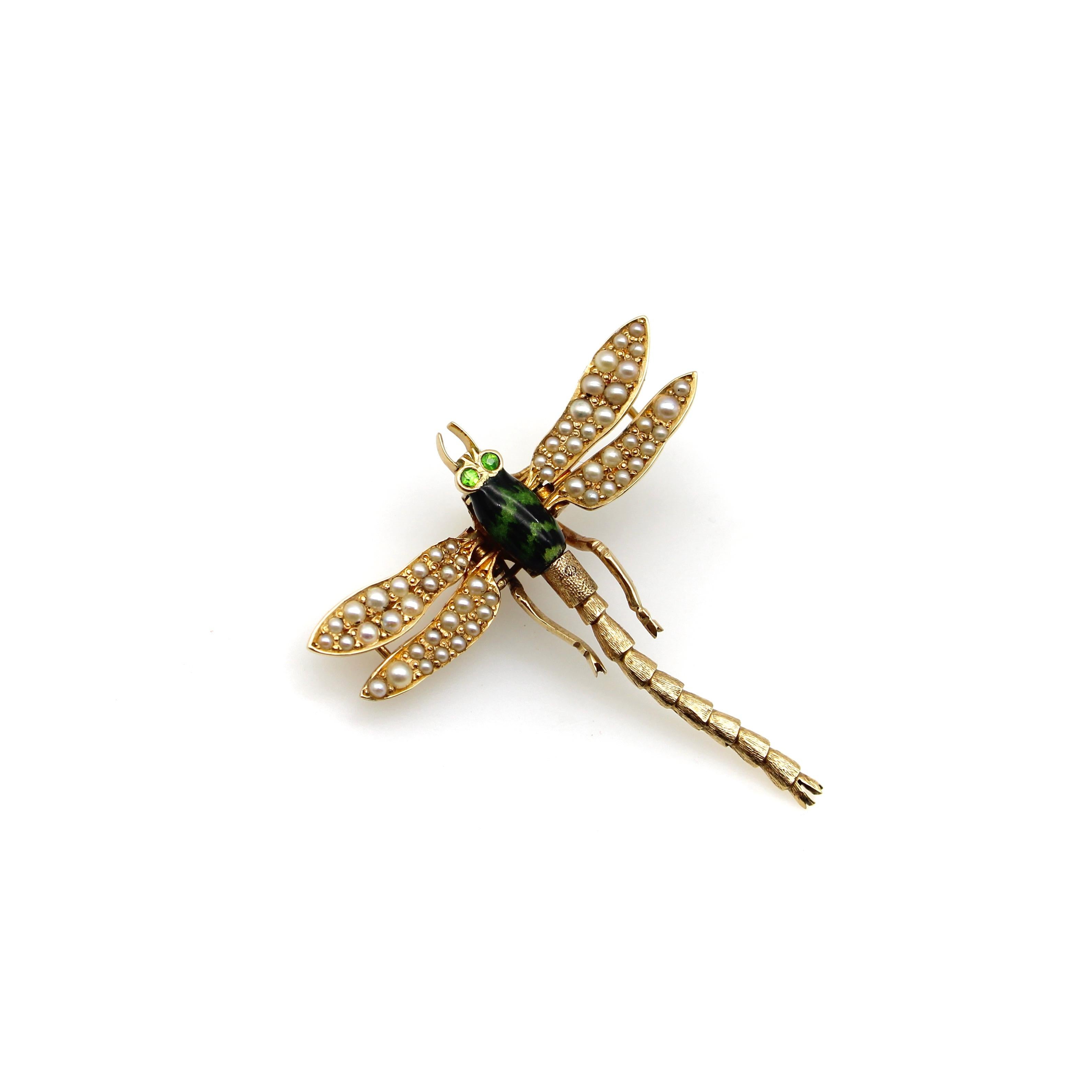 Edwardian 14K Gold Dragonfly Pendant with Demantoid Garnet & Pearls 1