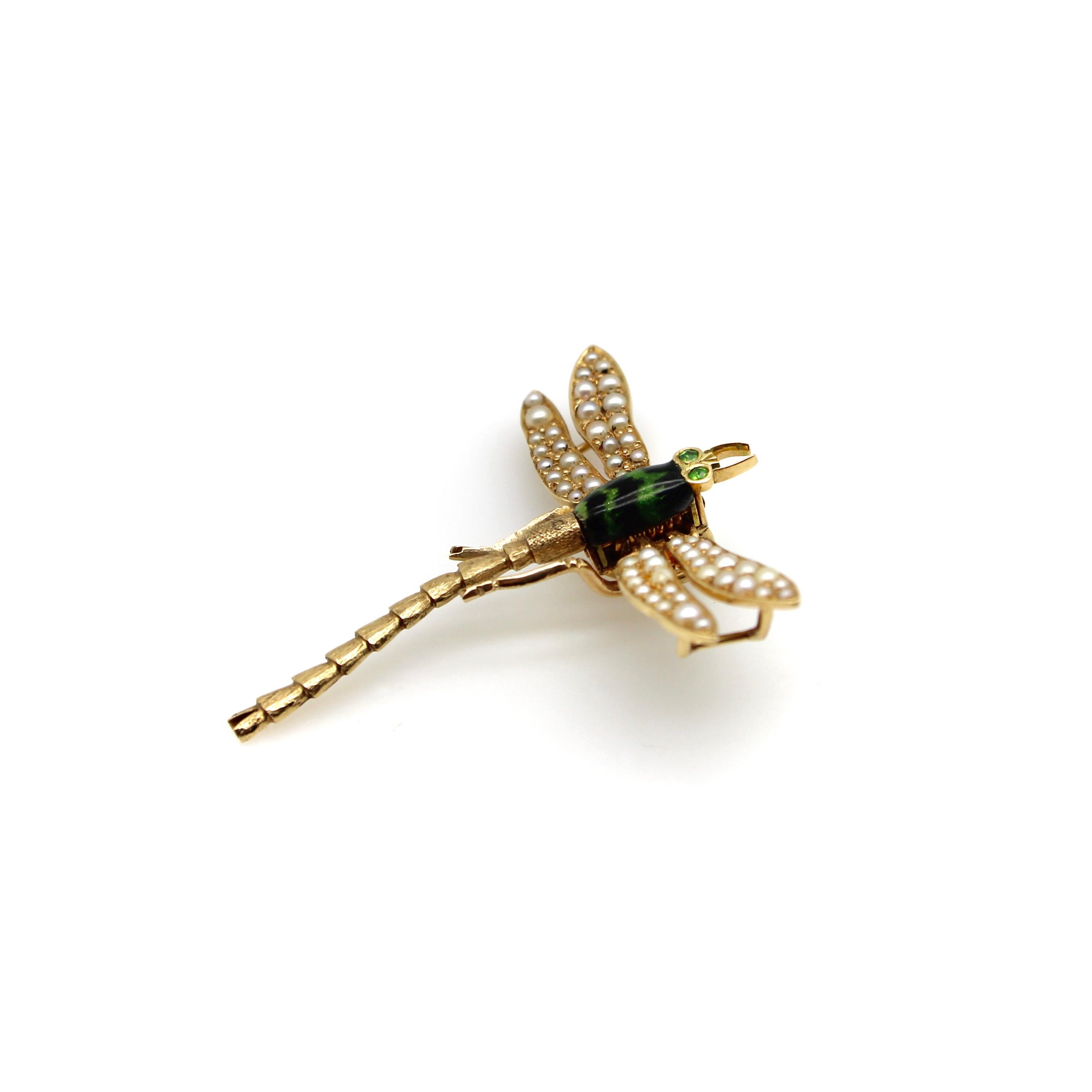 Edwardian 14K Gold Dragonfly Pendant with Demantoid Garnet & Pearls 2