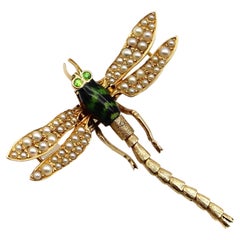 Edwardian 14K Gold Dragonfly Pendant with Demantoid Garnet & Pearls