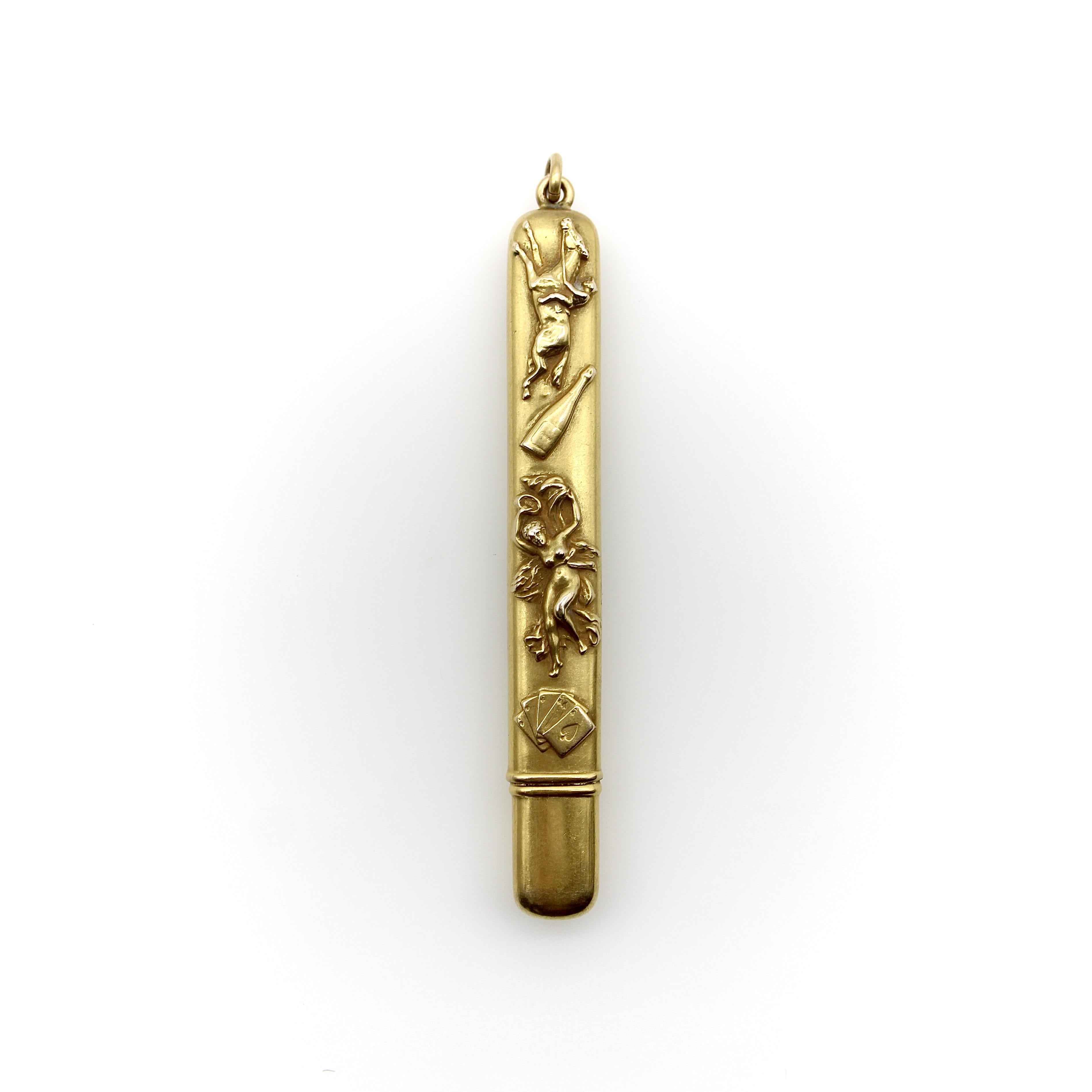 Edwardianisches 14K Gold Vier Vices Bleistiftetui / Anhänger im Zustand „Gut“ im Angebot in Venice, CA