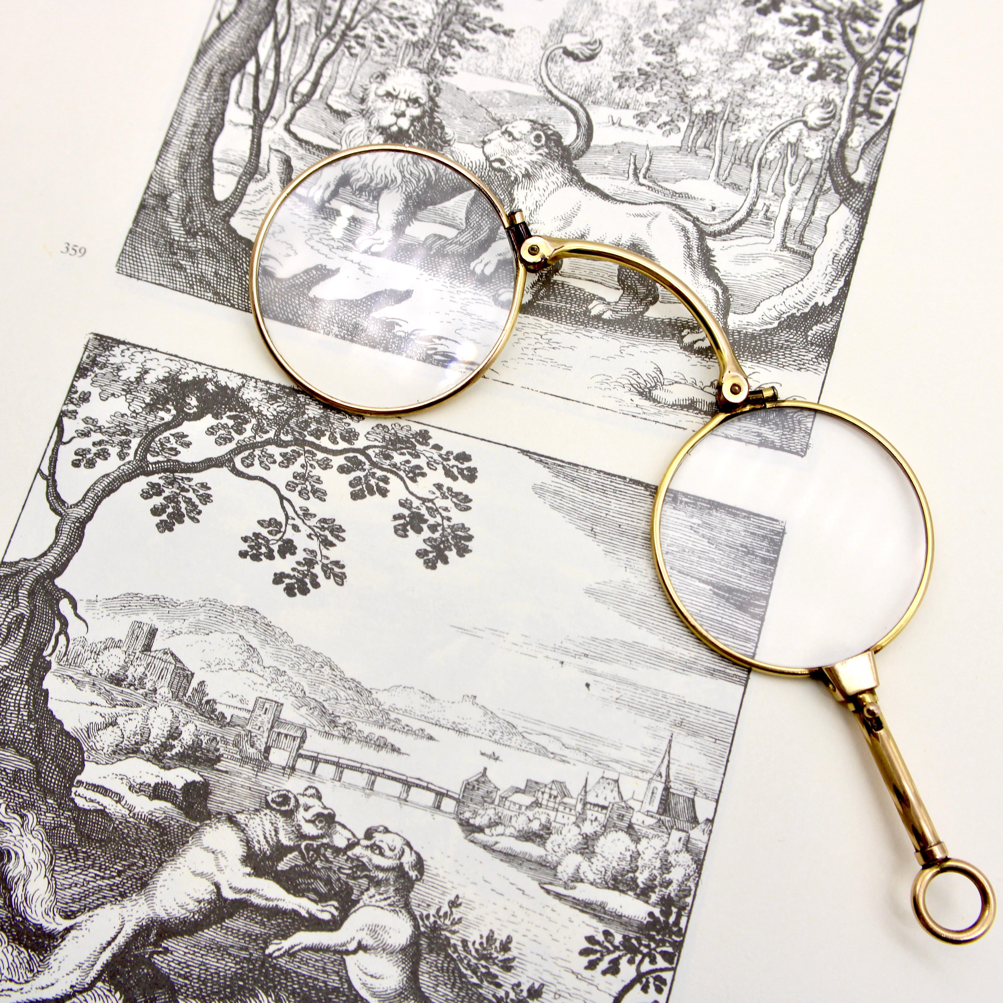 Lorgnettes were a fashionable item in high society. This 14k gold pair, circa the Edwardian era, have a minimalist design—simple, classic, with clean lines and excellent function, with a delicately engraved zigzag pattern on the handle. They can be