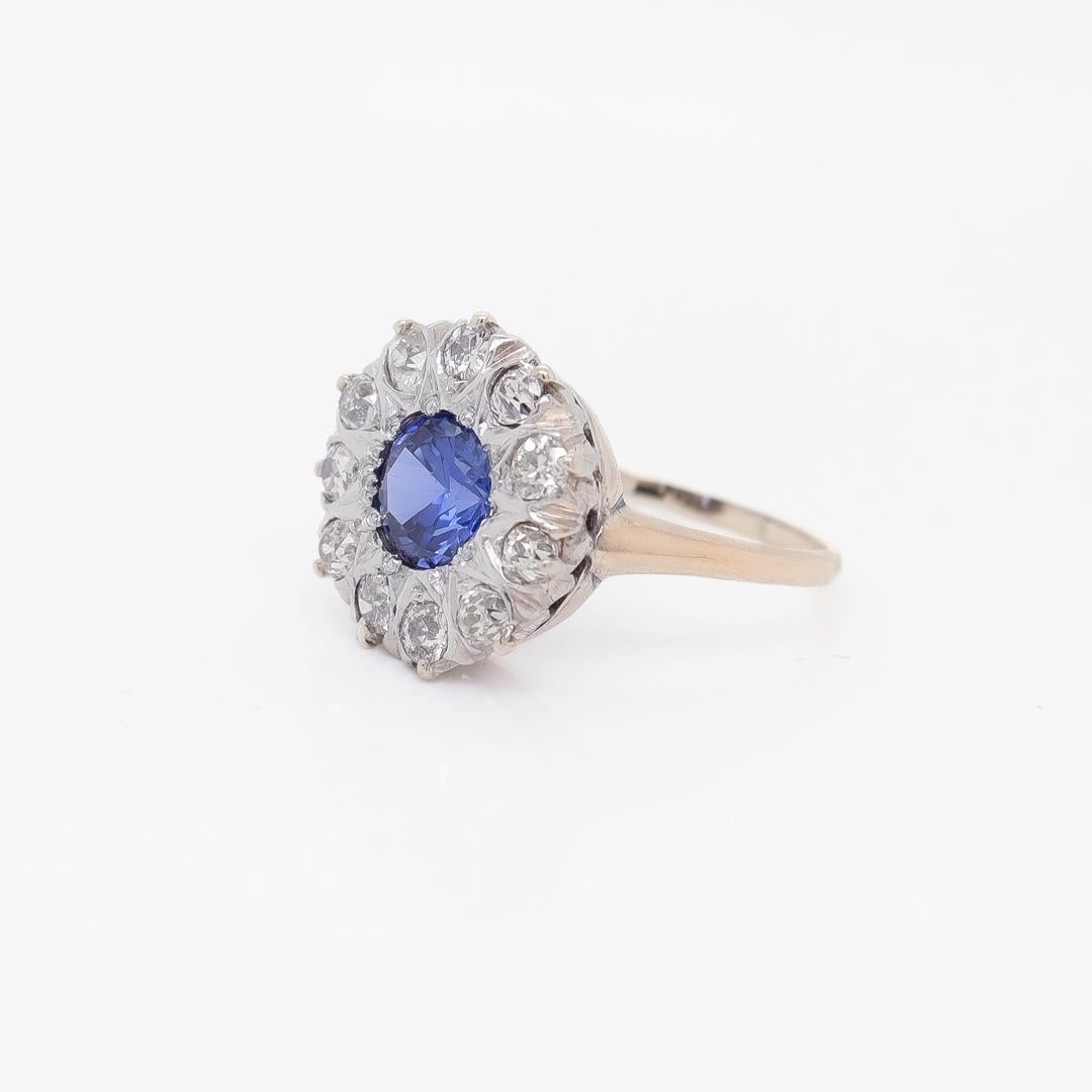 Edwardian 14K Gold, Old European Cut Diamond & Synthetic Sapphire Cluster Ring In Good Condition For Sale In Philadelphia, PA