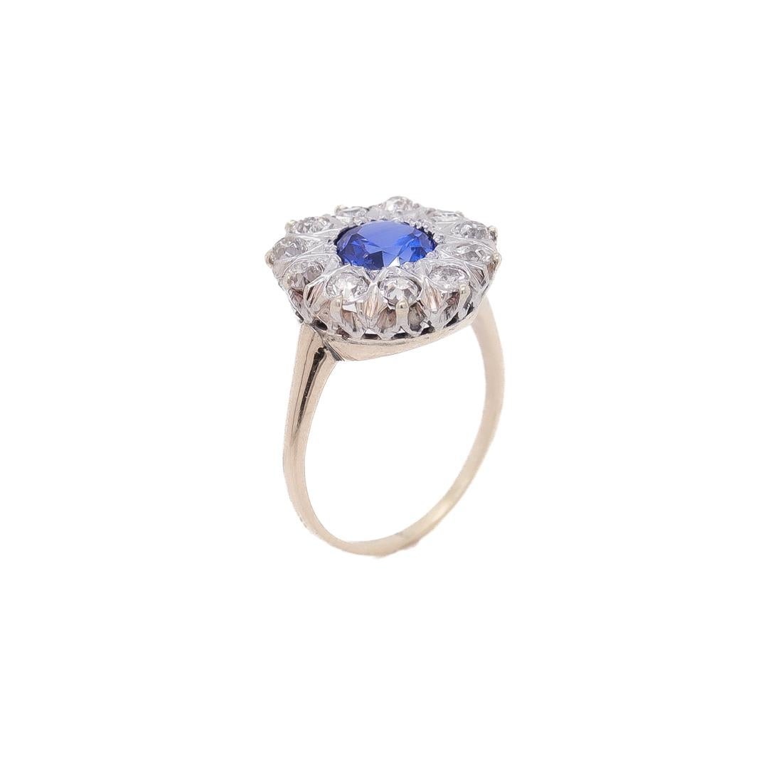 Women's Edwardian 14K Gold, Old European Cut Diamond & Synthetic Sapphire Cluster Ring For Sale