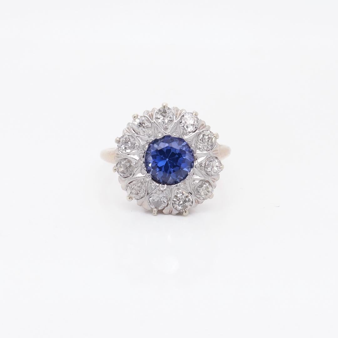 Edwardian 14K Gold, Old European Cut Diamond & Synthetic Sapphire Cluster Ring For Sale 1