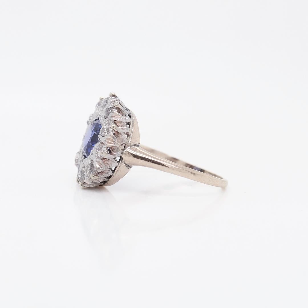 Edwardian 14K Gold, Old European Cut Diamond & Synthetic Sapphire Cluster Ring For Sale 2