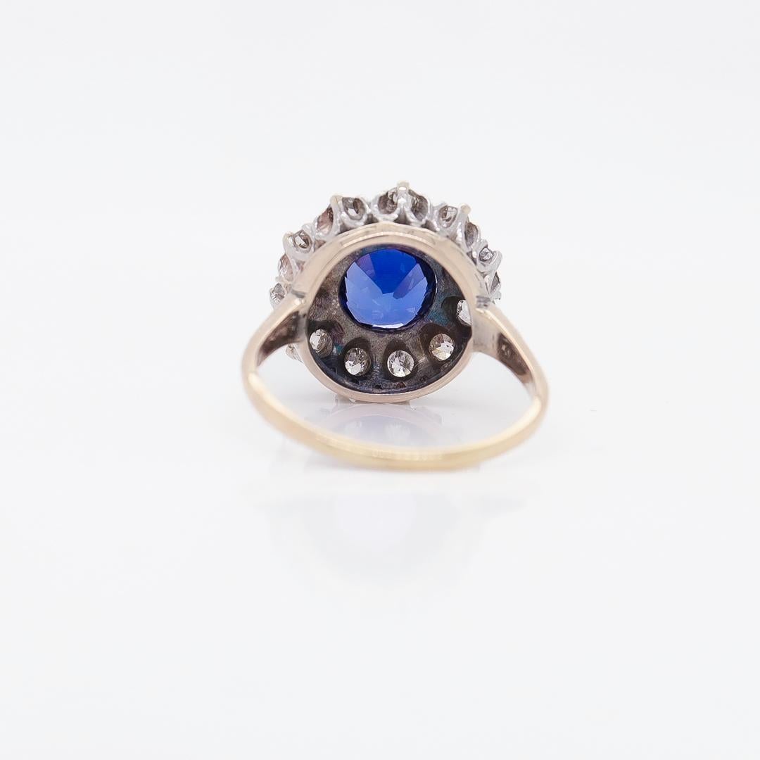 Edwardian 14K Gold, Old European Cut Diamond & Synthetic Sapphire Cluster Ring For Sale 4