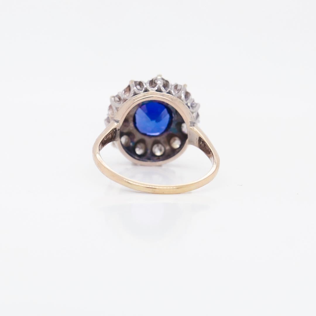 Edwardian 14K Gold, Old European Cut Diamond & Synthetic Sapphire Cluster Ring For Sale 5