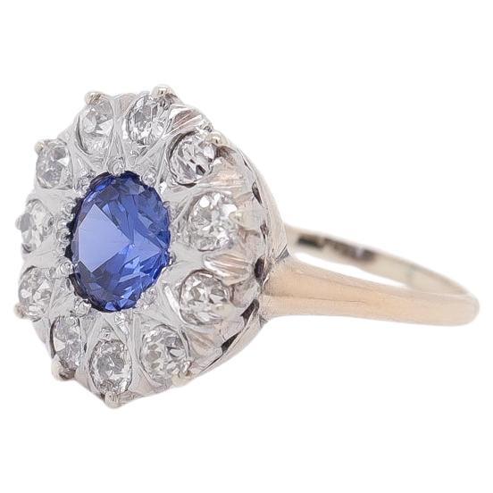 Edwardian 14K Gold, Old European Cut Diamond & Synthetic Sapphire Cluster Ring