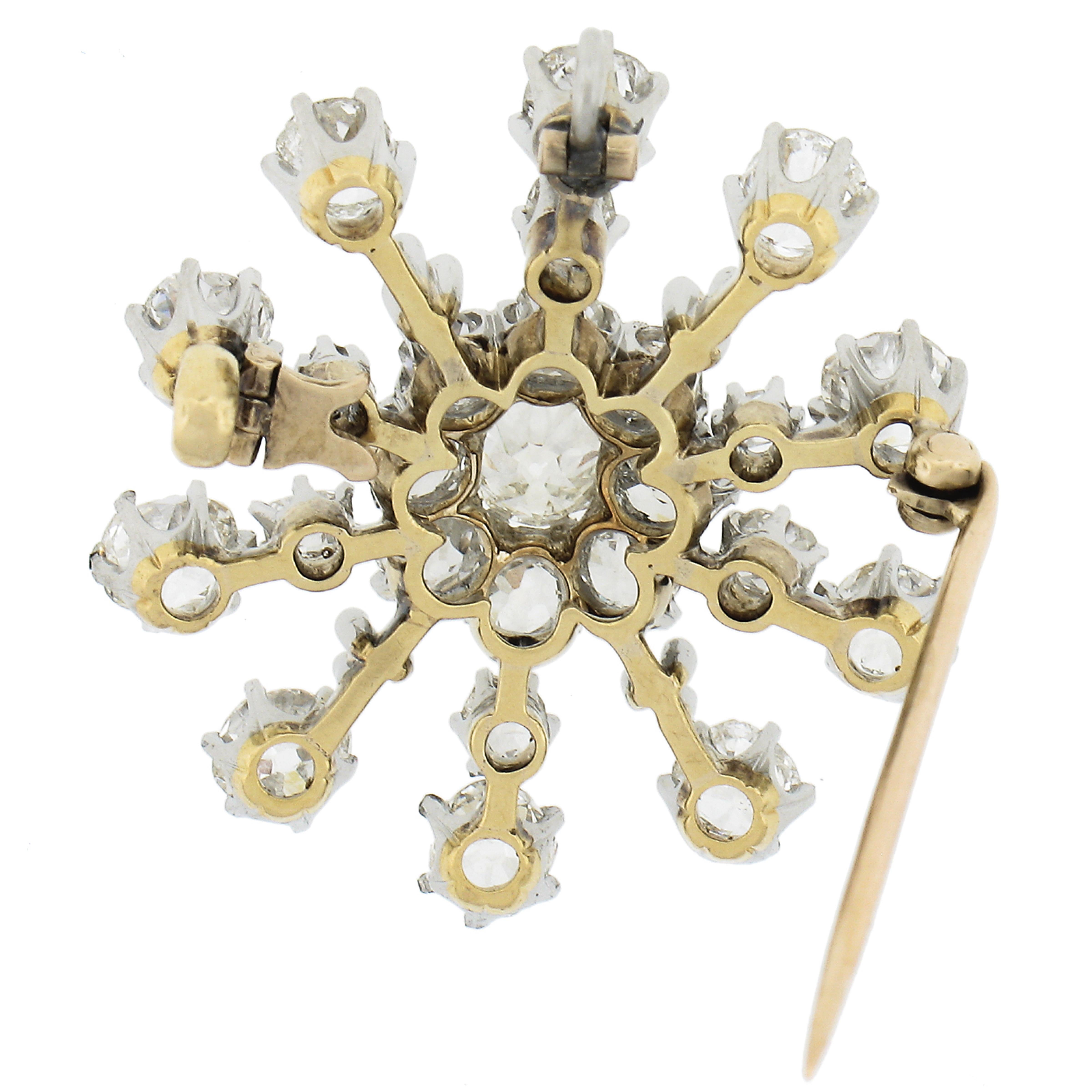 Edwardian 14K Gold Platinum 6ctw Old Mine Diamond Snow Flake Pin Brooch Pendant In Excellent Condition For Sale In Montclair, NJ