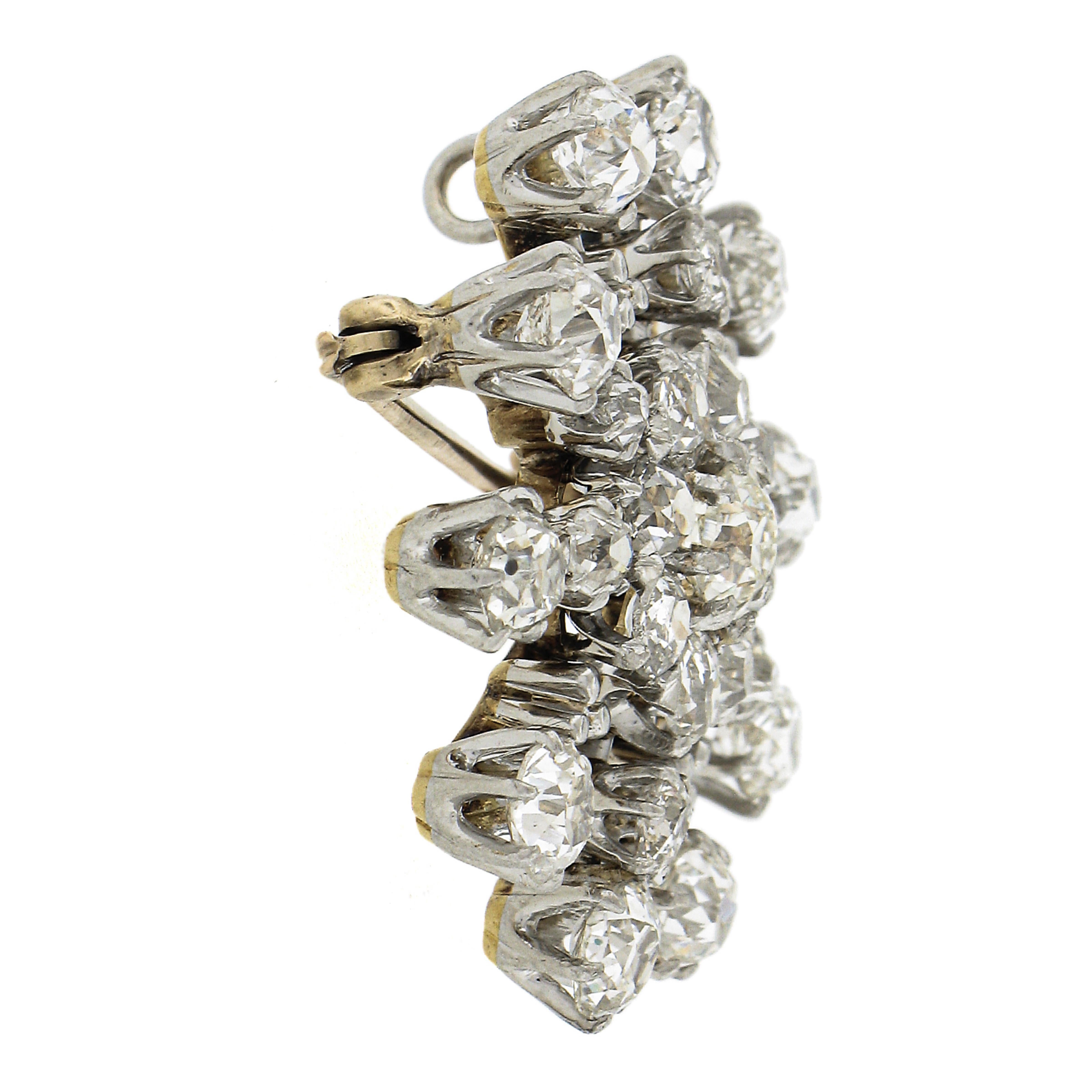 Women's Edwardian 14K Gold Platinum 6ctw Old Mine Diamond Snow Flake Pin Brooch Pendant For Sale