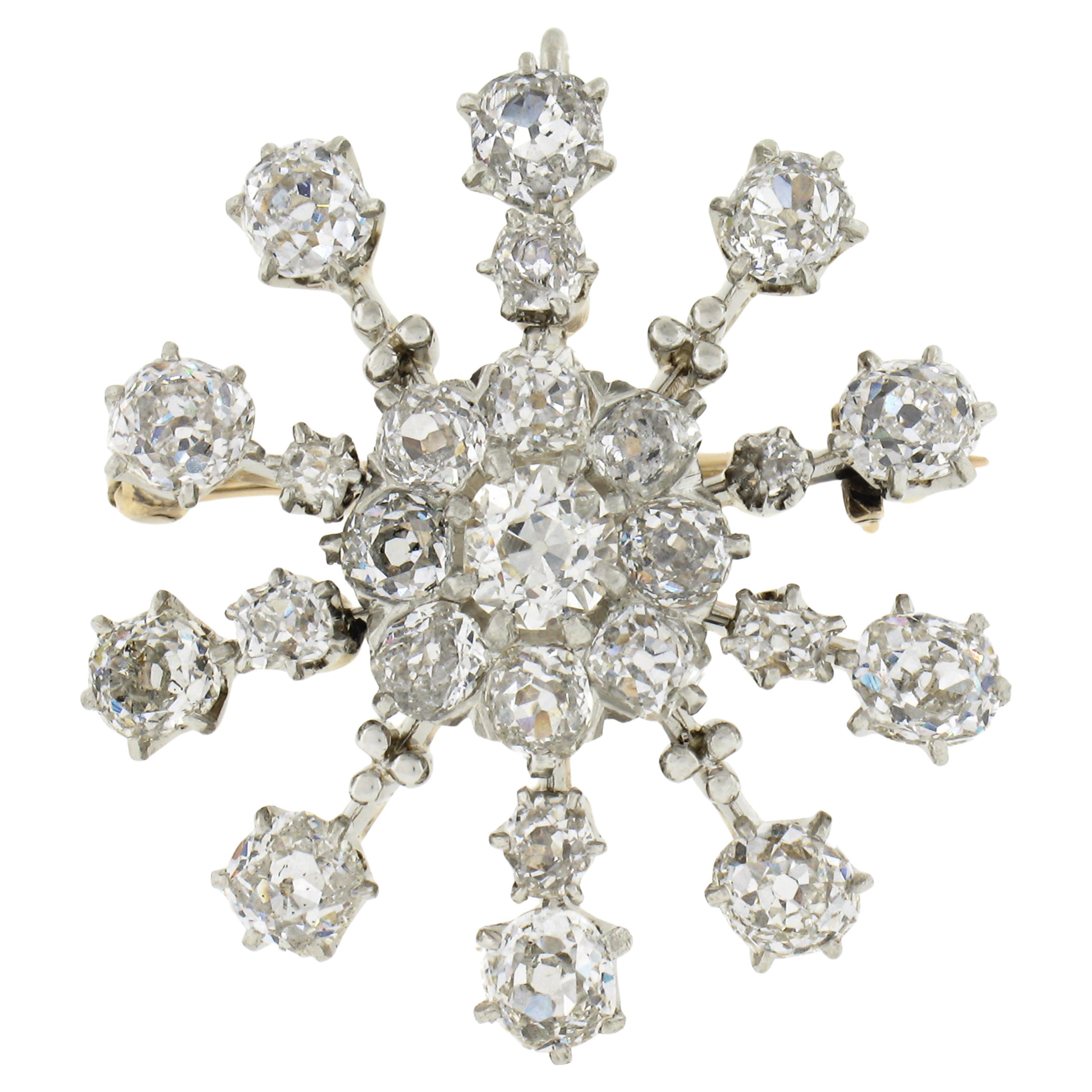 Edwardian 14K Gold Platinum 6ctw Old Mine Diamond Snow Flake Pin Brooch Pendant For Sale
