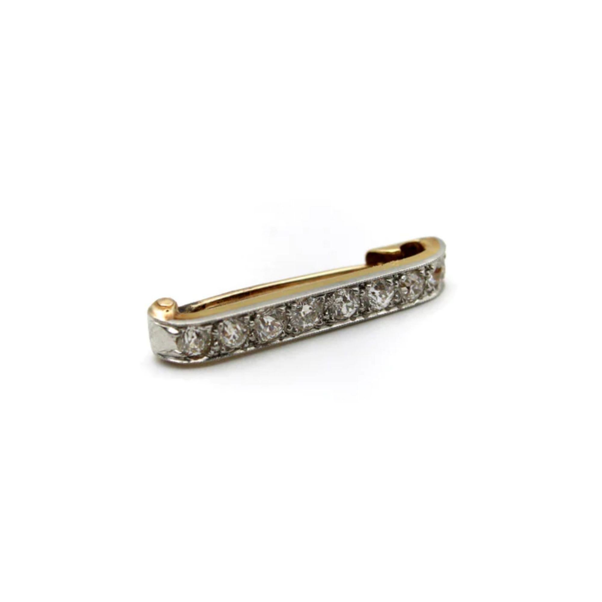 Edwardian 14K Gold Platinum Topped Old Mine Cut Diamond Bar Pin In Good Condition For Sale In Venice, CA