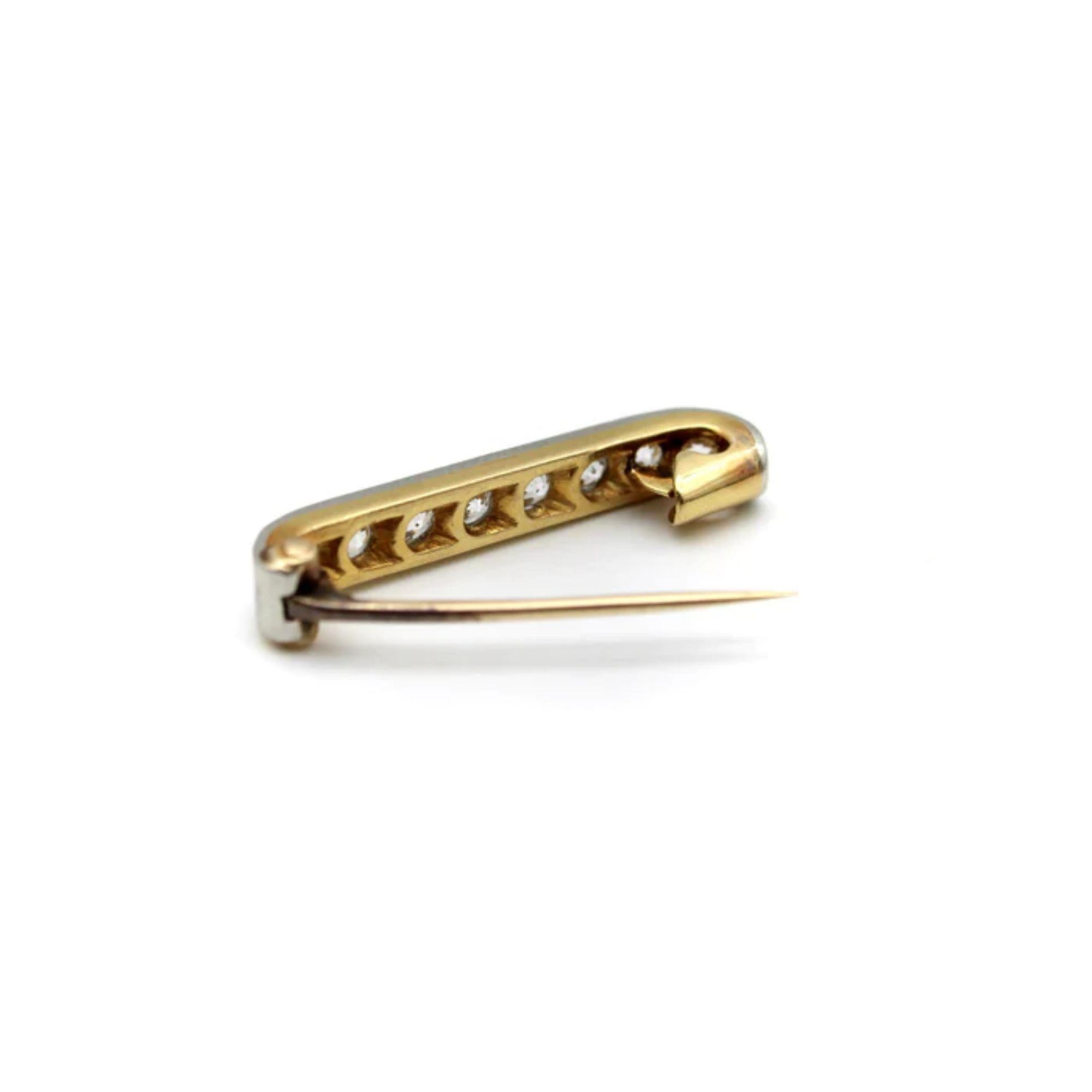 Women's or Men's Edwardian 14K Gold Platinum Topped Old Mine Cut Diamond Bar Pin For Sale