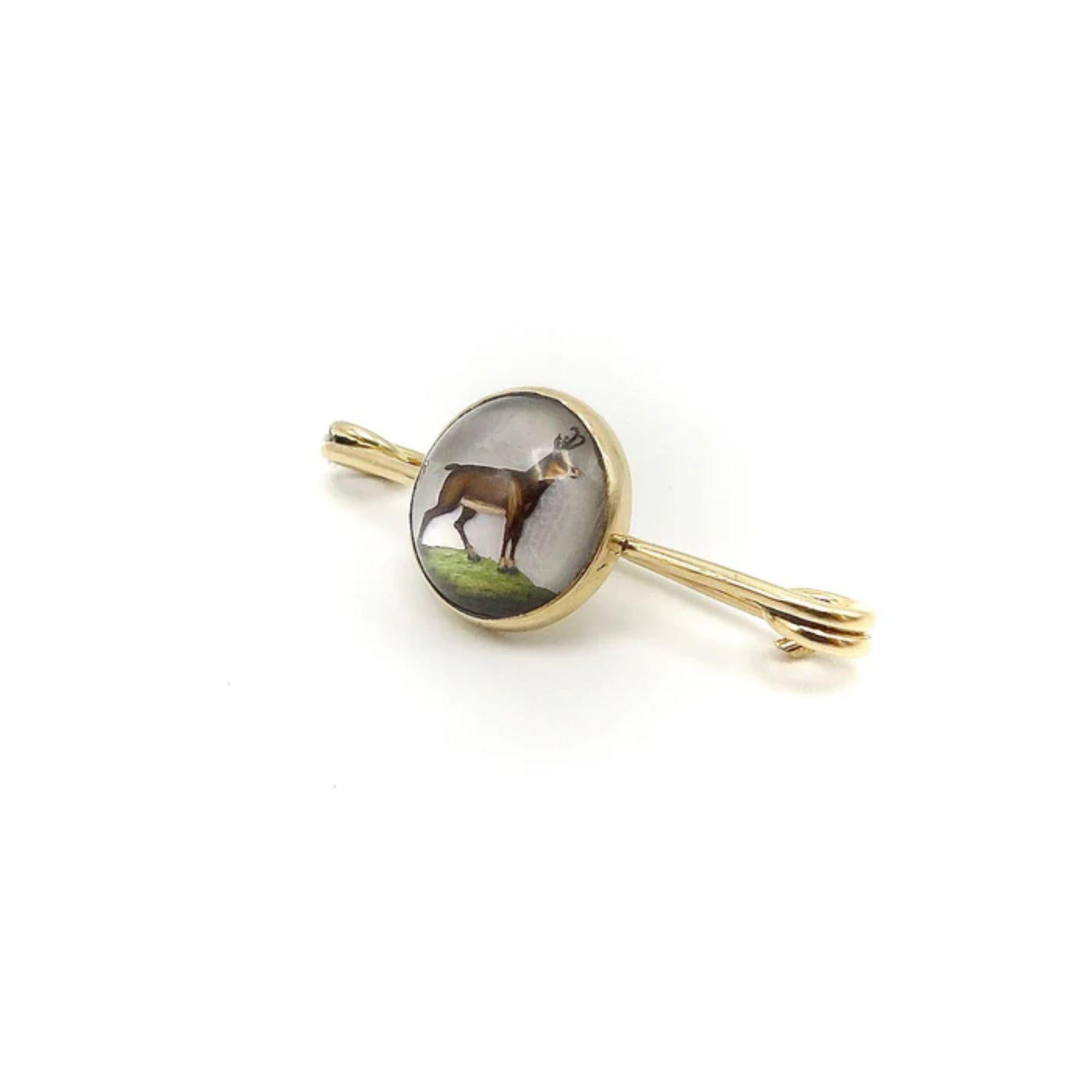 14K Gold Reverse Painted Essex Crystal Antelope Pin

This pin of an Antelope is an Artiodactyla's lover delight. An antelope is reverse painted on an Essex crystal and mounted on a 14 karat yellow gold safety pin like brooch. The pin measures a