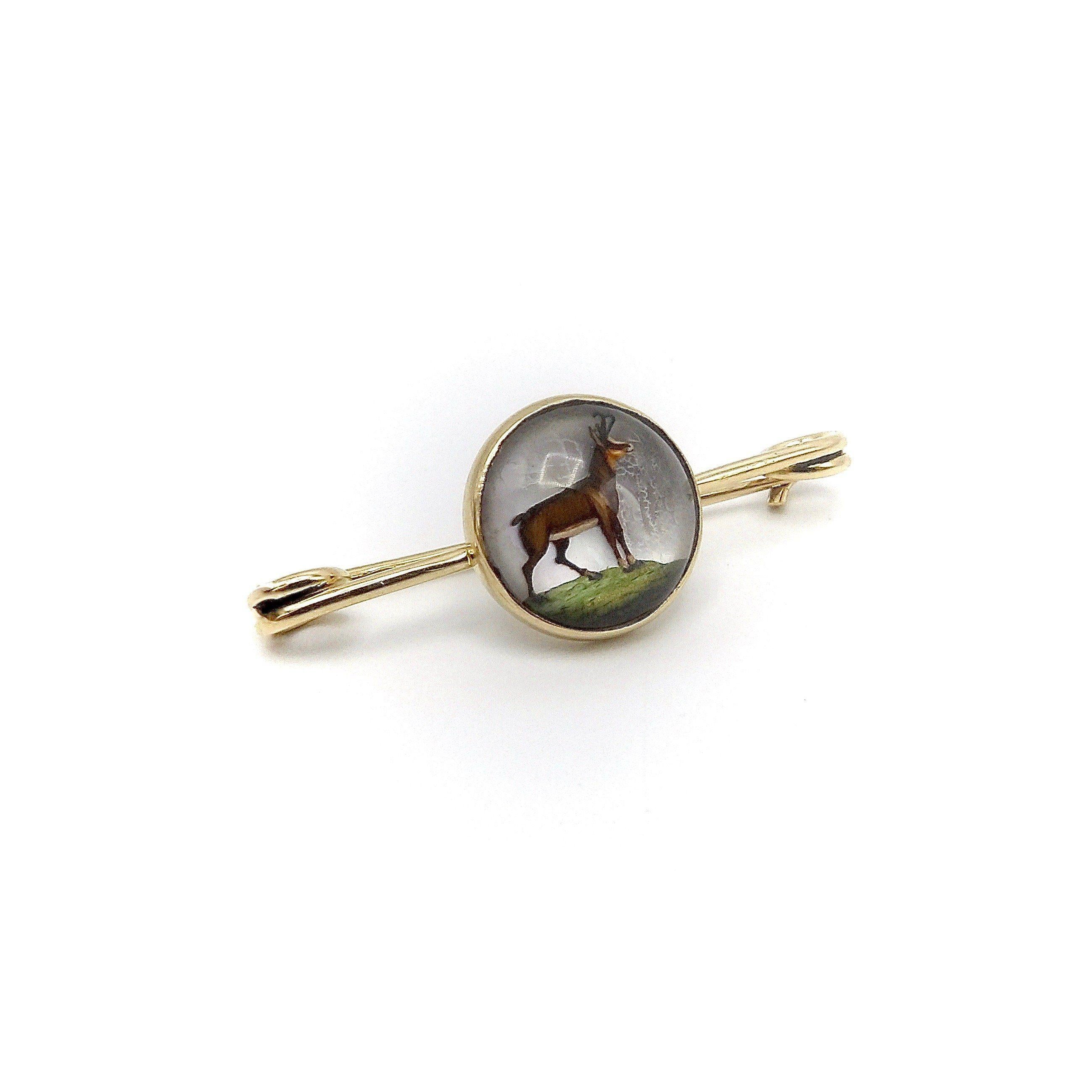 Women's or Men's Edwardian 14K Gold Reverse Painted Essex Crystal Antelope Pin For Sale