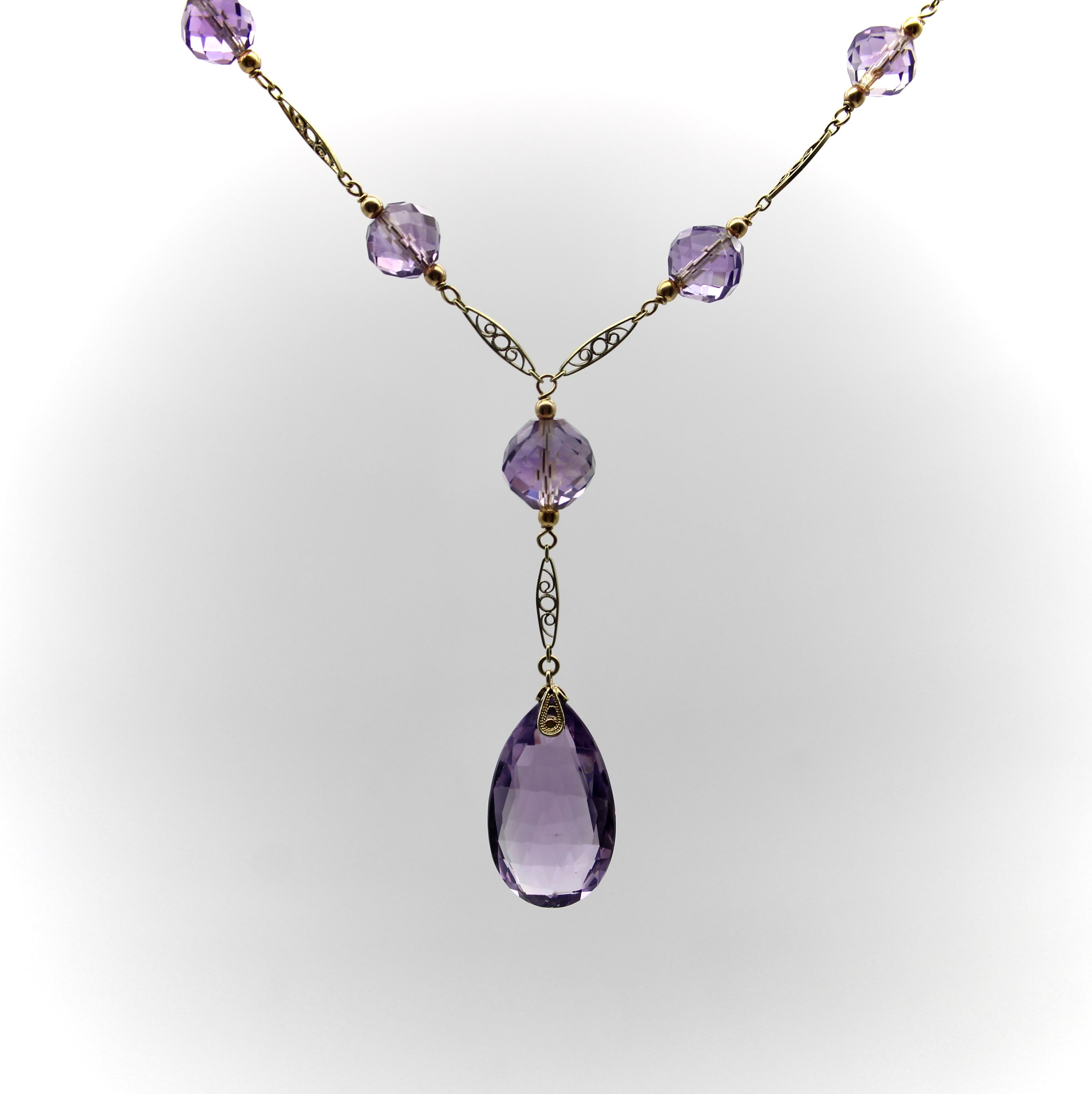 Briolette Cut Edwardian 14K Gold Rose de France Amethyst Bead Necklace For Sale