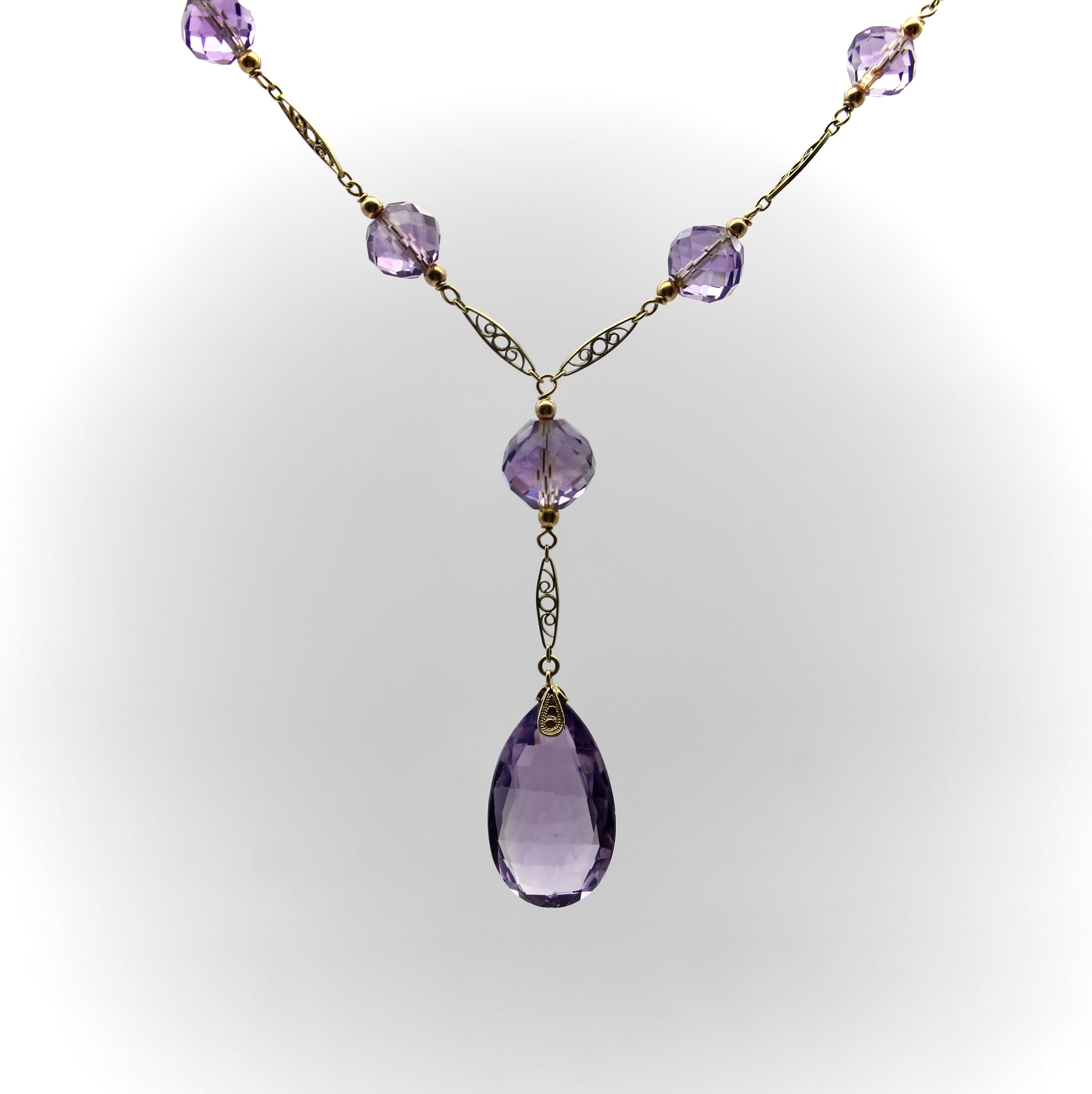 Briolette Cut Edwardian 14K Gold Rose de France Amethyst Bead Necklace  For Sale