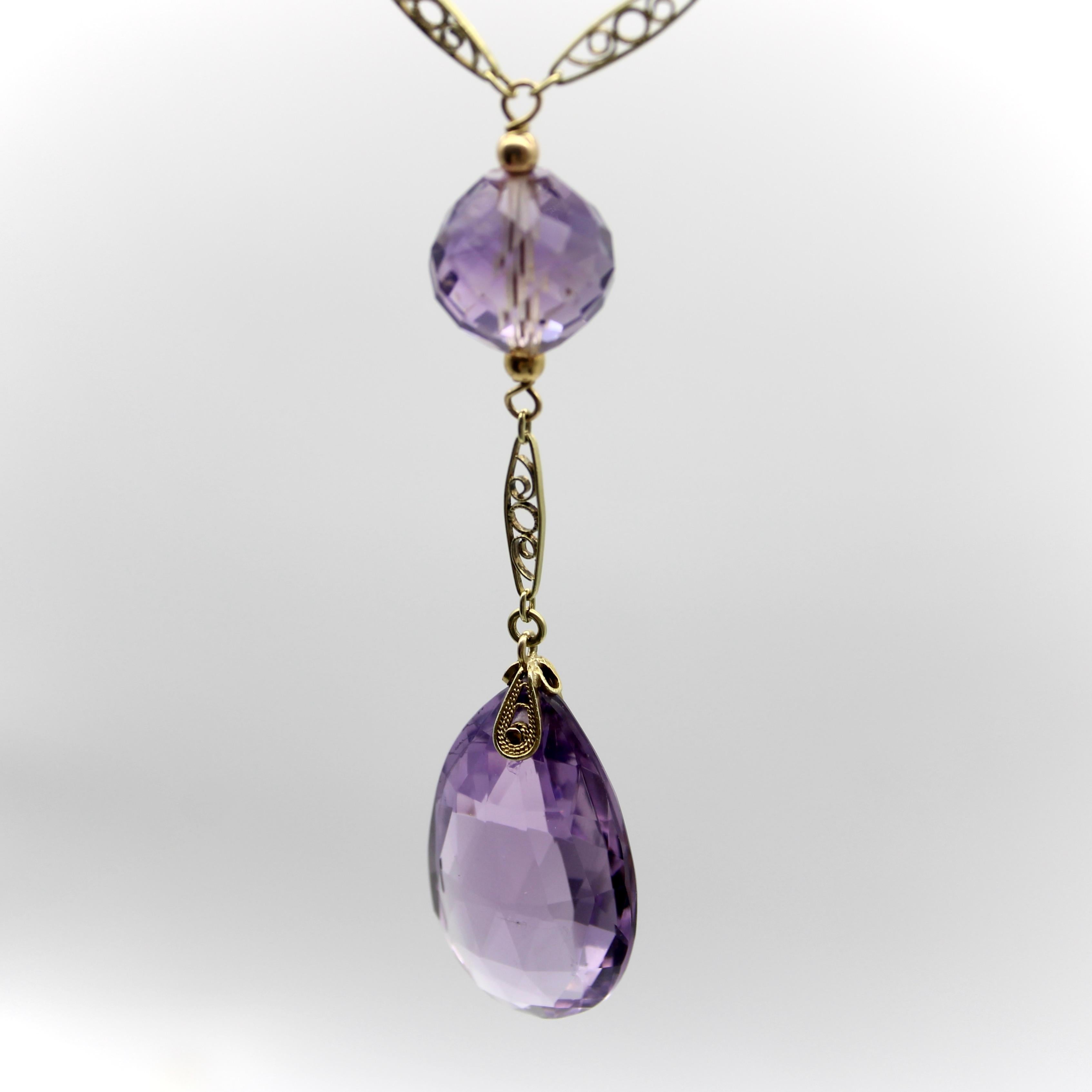Edwardian 14K Gold Rose de France Amethyst Bead Necklace In Good Condition For Sale In Venice, CA