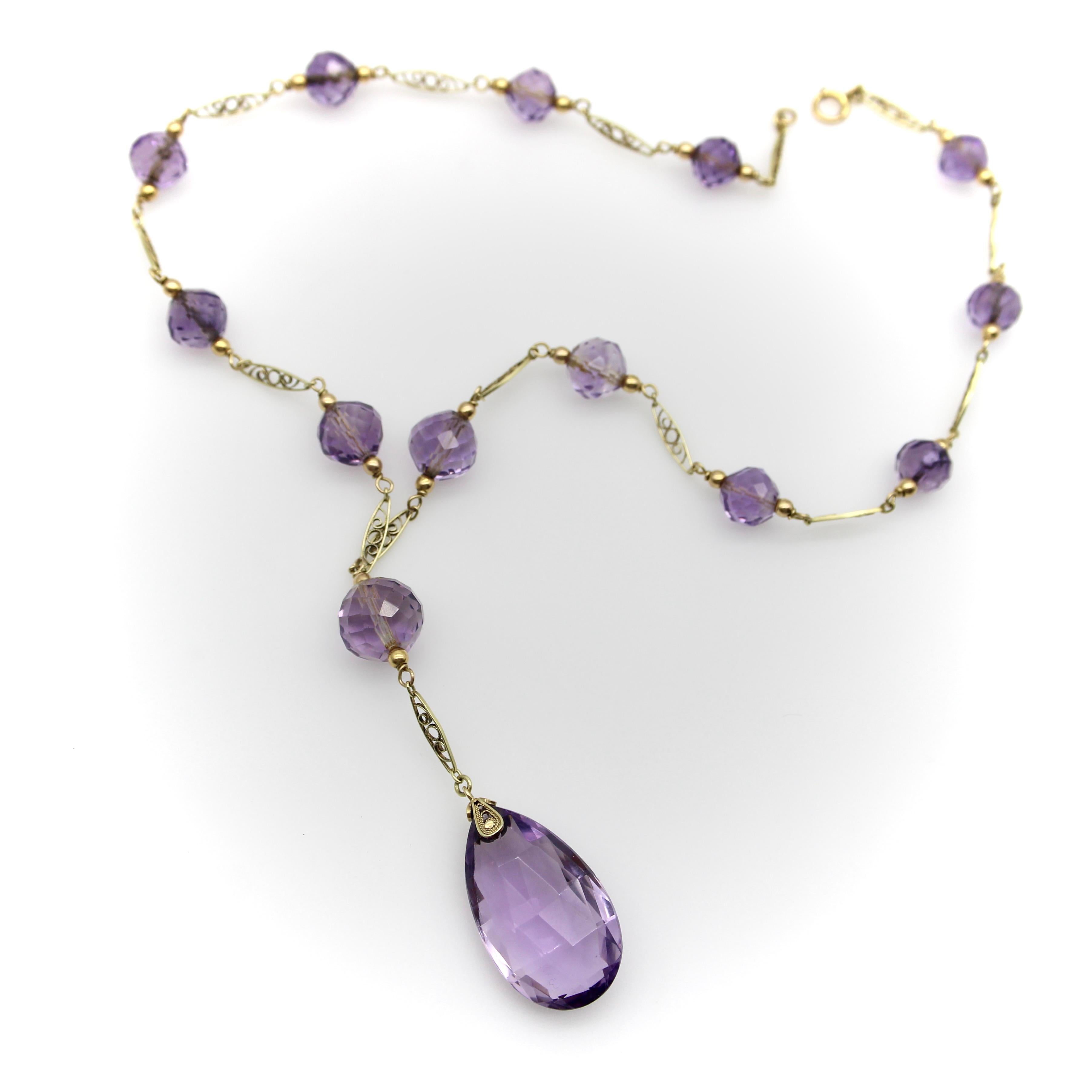 Women's or Men's Edwardian 14K Gold Rose de France Amethyst Bead Necklace For Sale