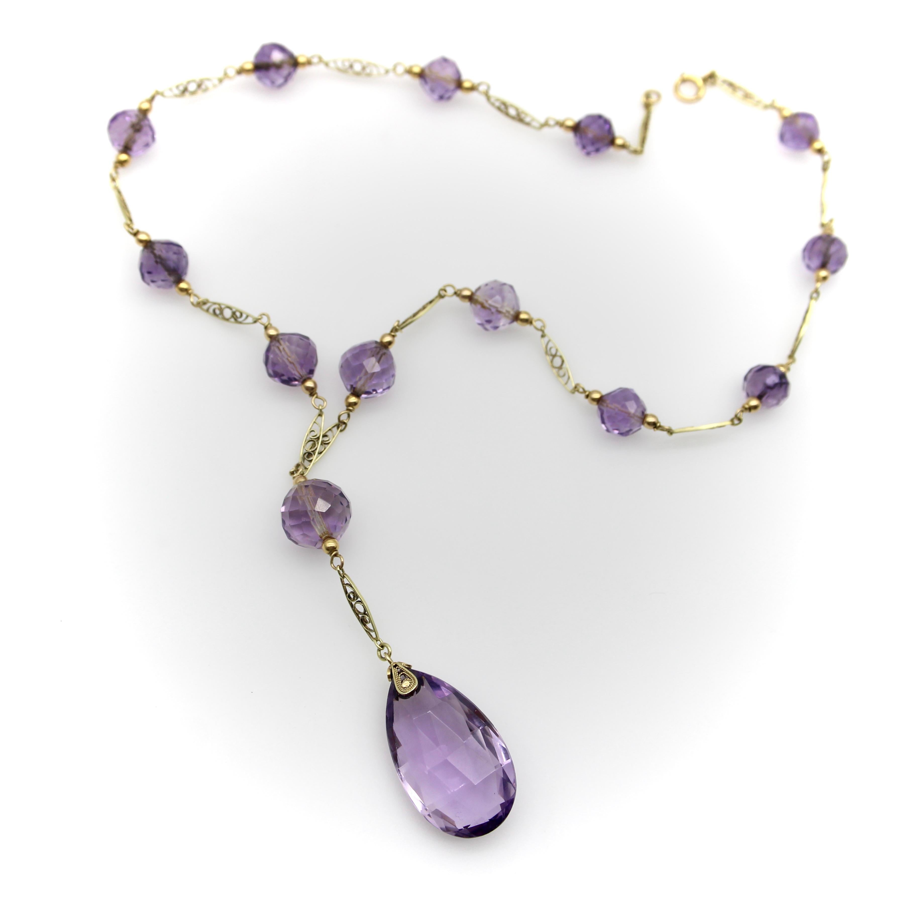 Women's or Men's Edwardian 14K Gold Rose de France Amethyst Bead Necklace  For Sale