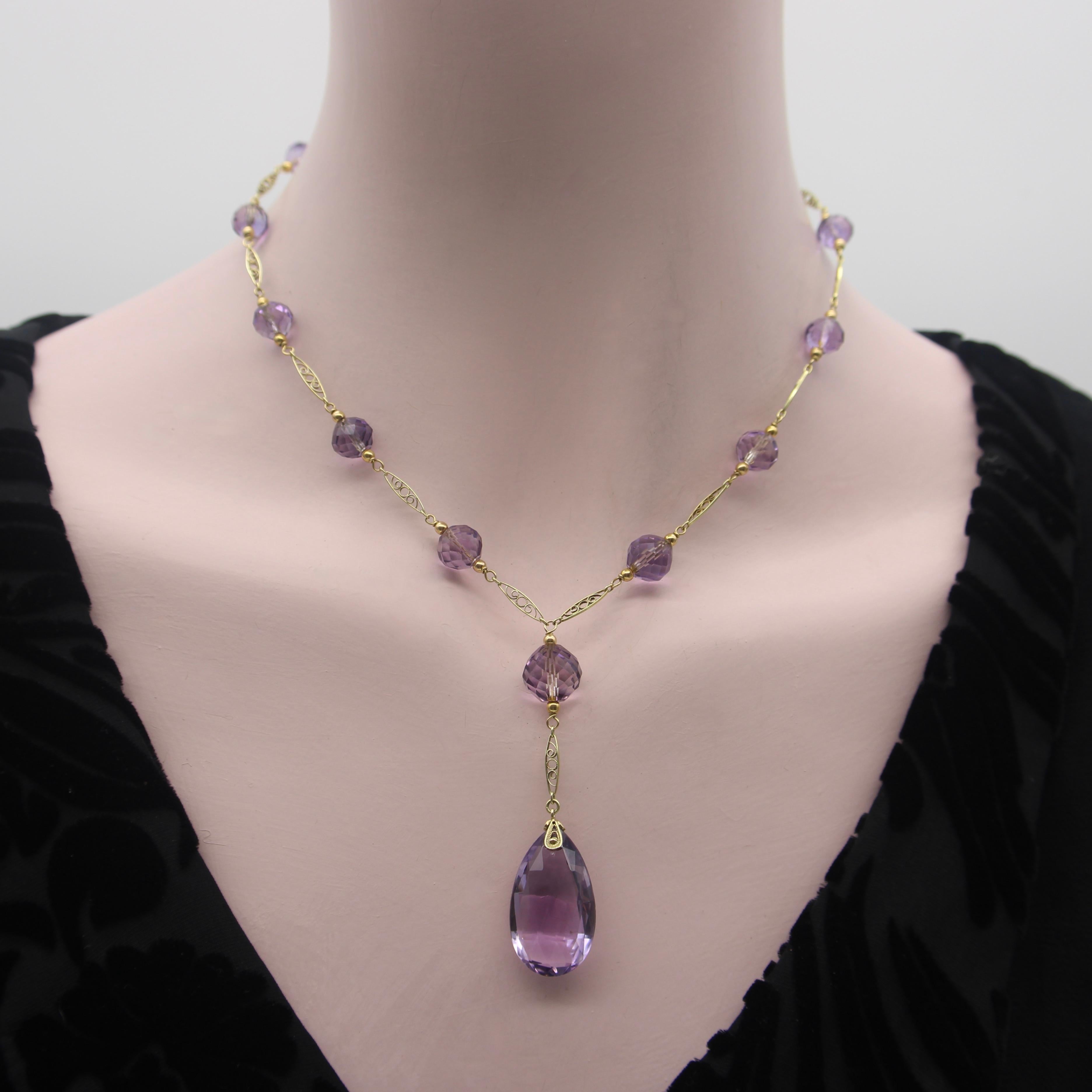 Edwardian 14K Gold Rose de France Amethyst Bead Necklace For Sale 1