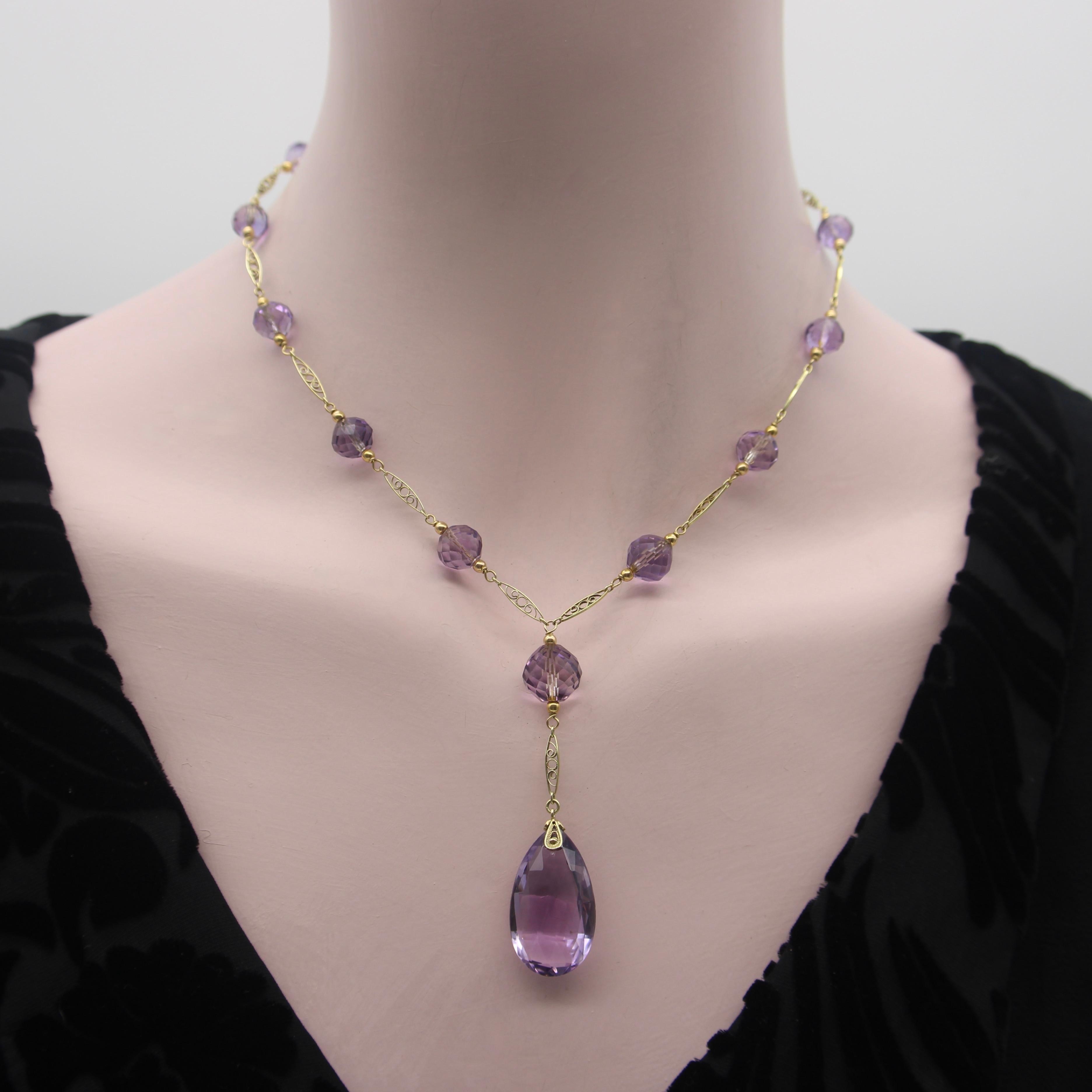 Edwardian 14K Gold Rose de France Amethyst Bead Necklace  For Sale 1