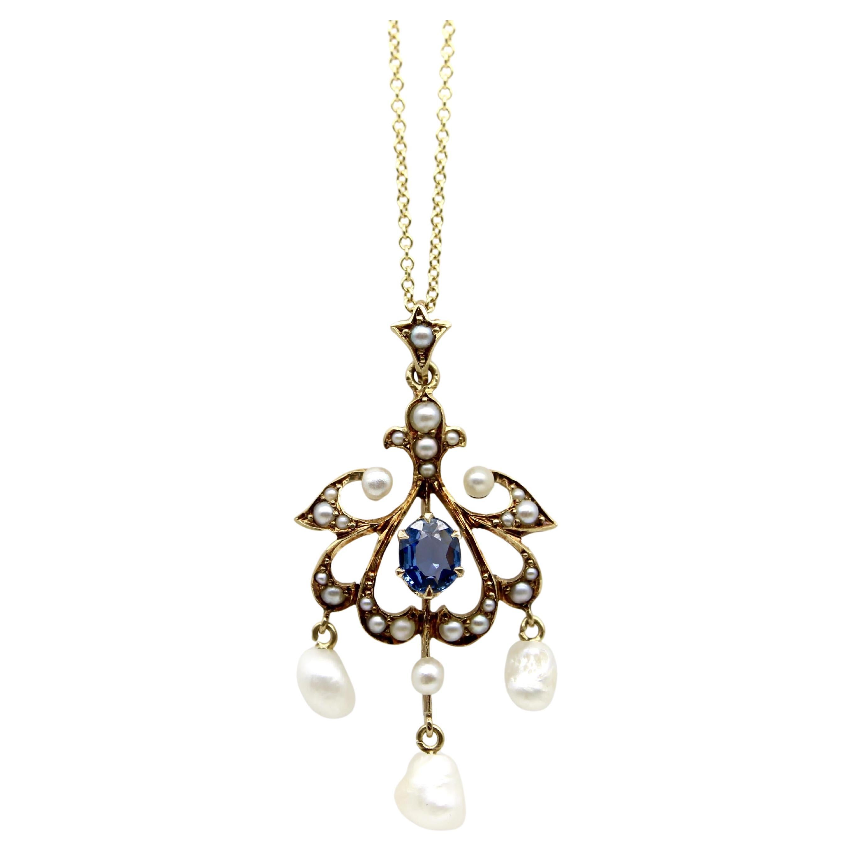 Pendentif édouardien en or 14K saphir et perles de rocaille avec gouttes de perles