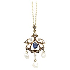 Pendentif édouardien en or 14K saphir et perles de rocaille avec gouttes de perles