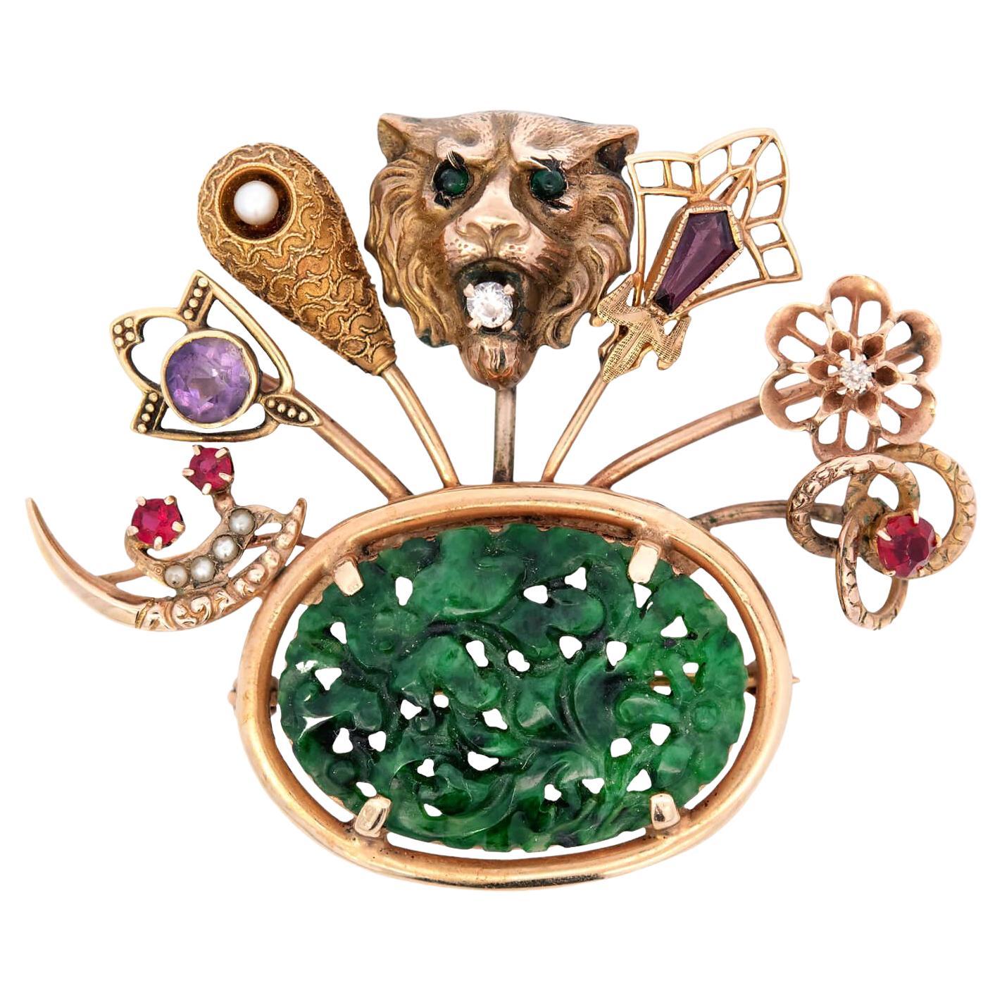 Edwardian 14k Jade Flower Basket Pin