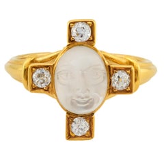Edwardian 14k "Man In The Moon" Moonstone and Diamond Ring