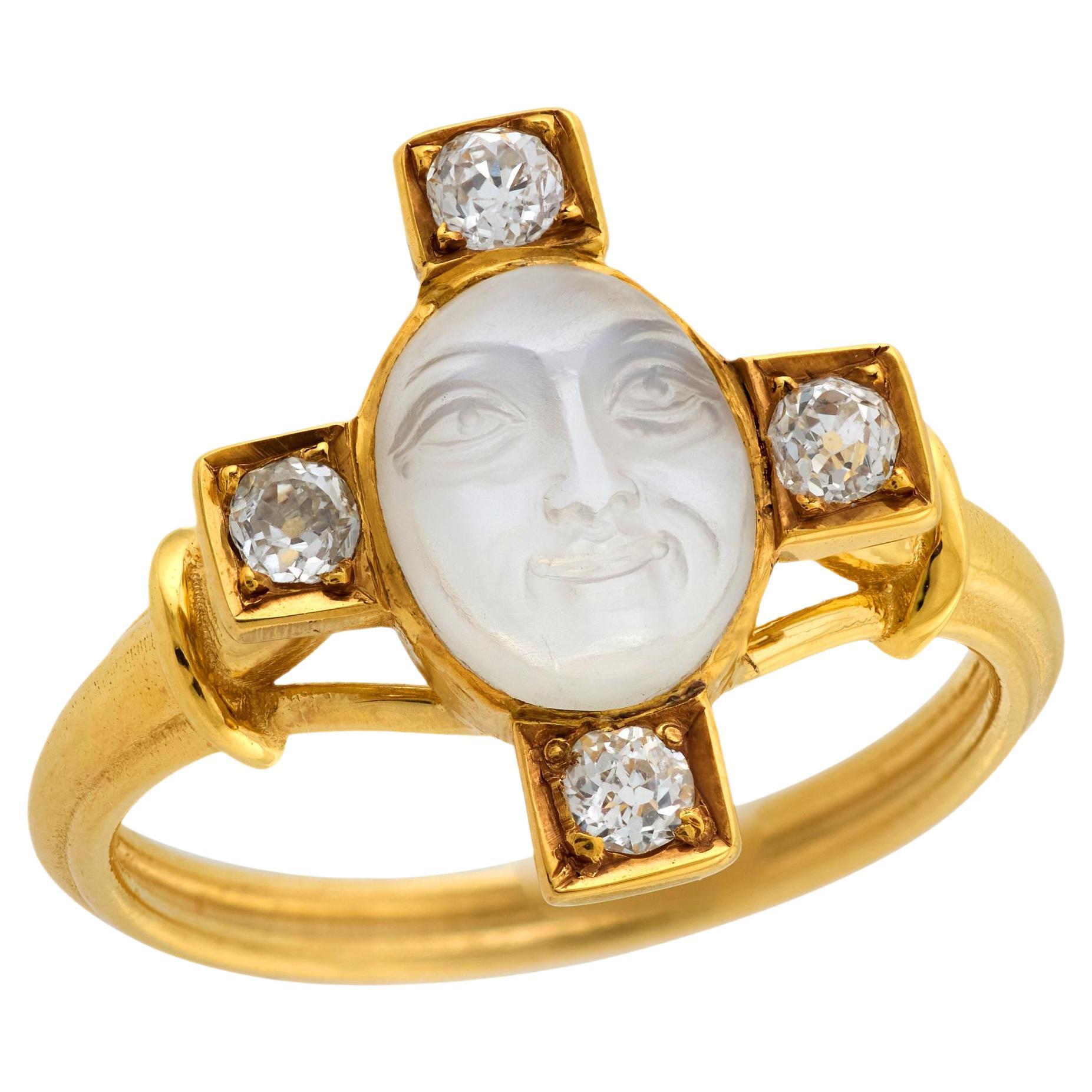 Bague édouardienne 14k "Man In The Moon" pierre de lune et diamant en vente