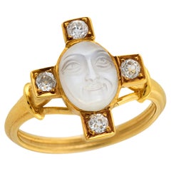 Bague édouardienne 14k "Man In The Moon" pierre de lune et diamant