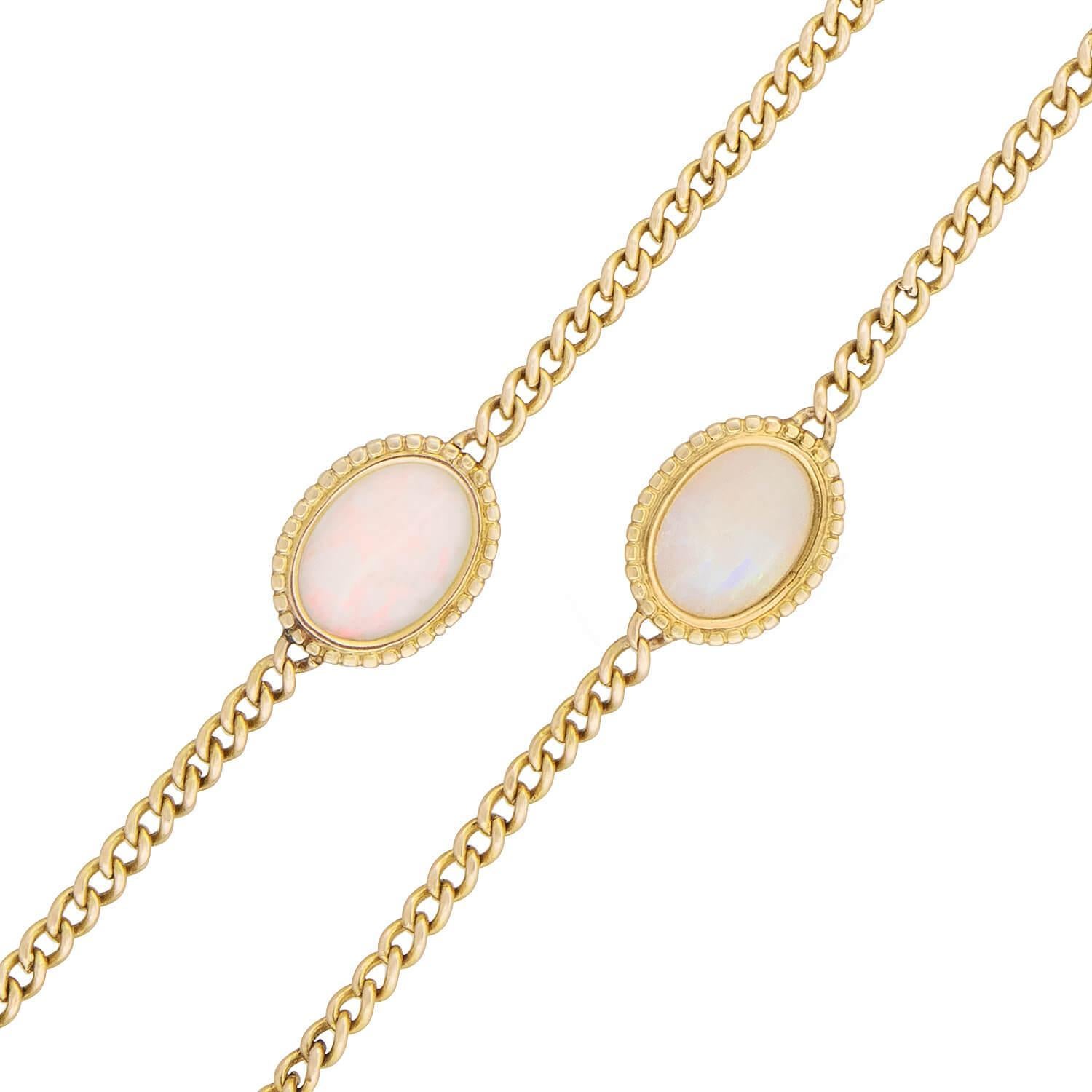 Cabochon Edwardian 14k Opal Watch Chain For Sale