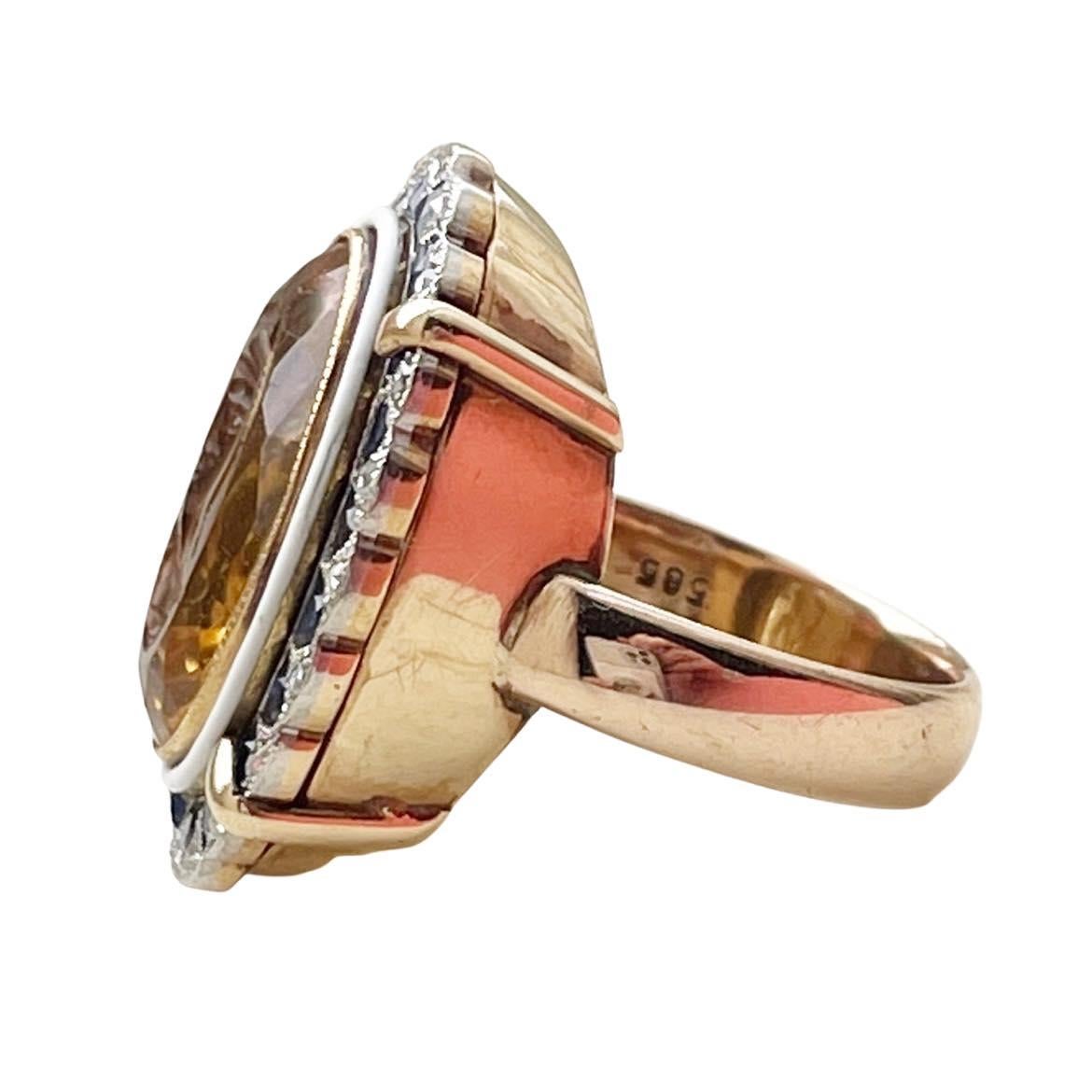 Women's or Men's Edwardian 14k Platinum Citrine Cameo Diamond and Sapphire Halo Cocktail Ring